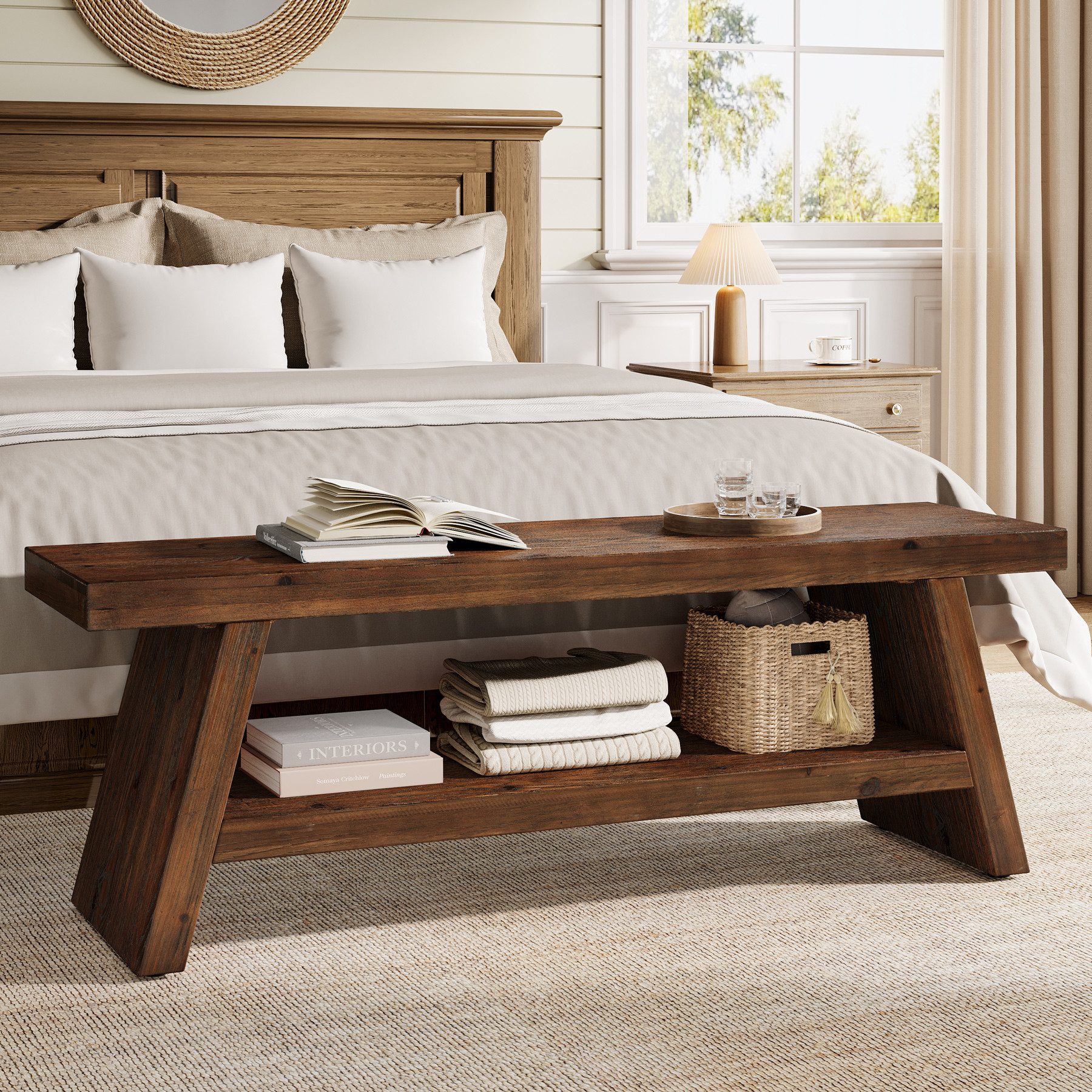 Tribesigns Schuhbank 2-stöckige Eingangsbank, 120 cm Sitzbank, Aufbewahrungsbank aus Holz (im Landhausstil für den Innenbereich, Wohnzimmer, Esszimmer, Schlafzimmer)