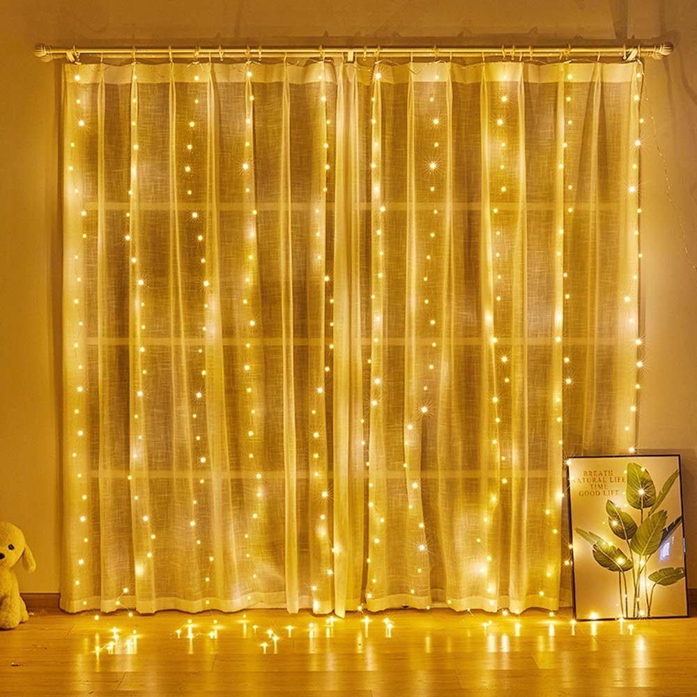 Weiß Lichterkette,Vorhang Weihnachten,Hochzeit Lichterkette Warmes Modi,für Fernbedienung,8 wie Laybasic und Innen Außen LED Lichterketten,3x3M,Timer,300LEDs, Deko