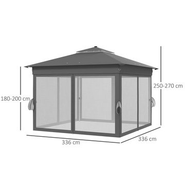 Outsunny Faltpavillon ca. 3 x 3 m, Pavillon mit LED, 4 Netzvorhängen, Seitenwand, mit 4 Seitenteilen, (Bierzelt, Gartenpavillon), für Balkon, Terrasse, Dunkelgrau