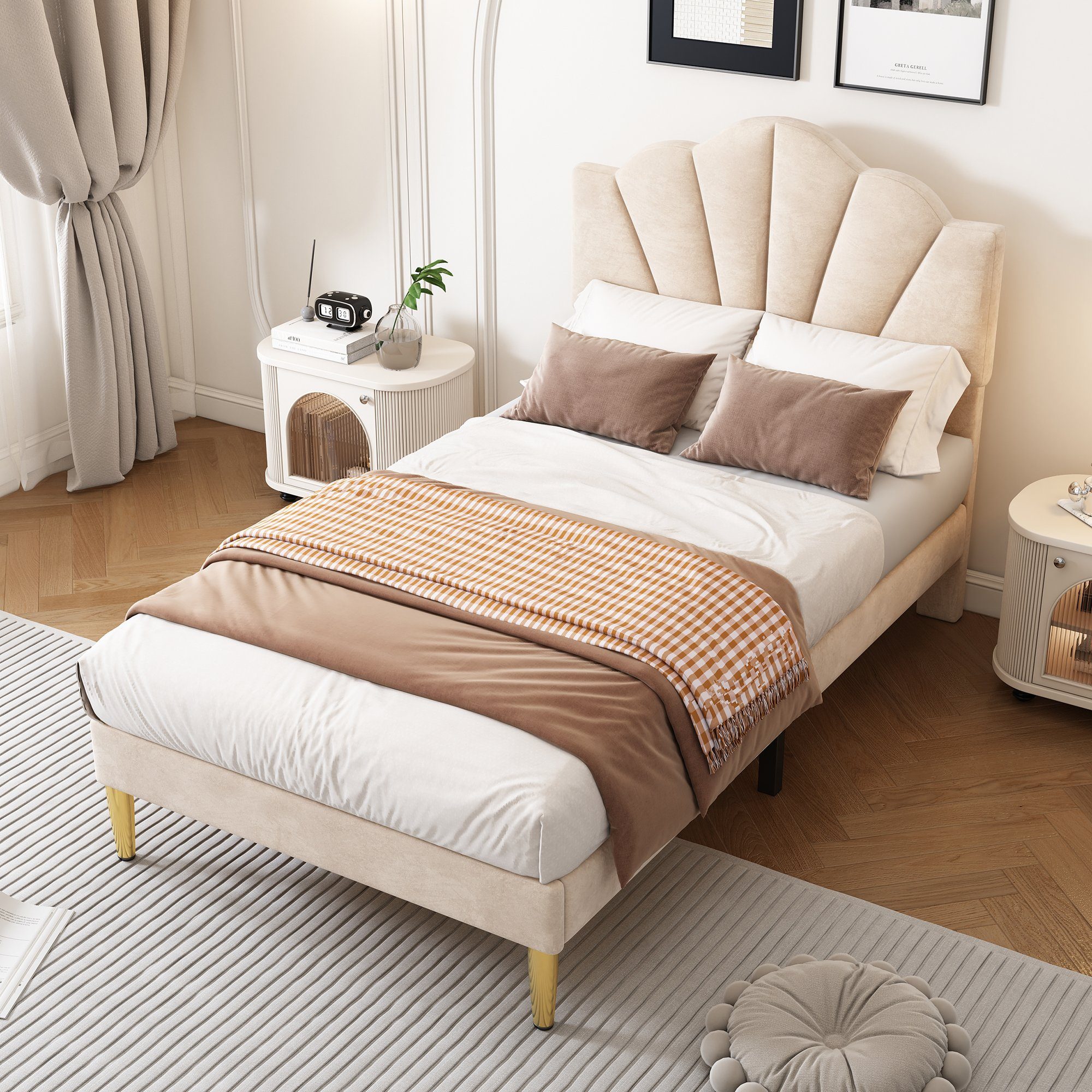 MODFU Polsterbett Samtbett mit muschelförmigem Kopfteil (90 X 200 CM Ohne Matratze), mit verstellbarem Kopfteil und goldenen Beinen