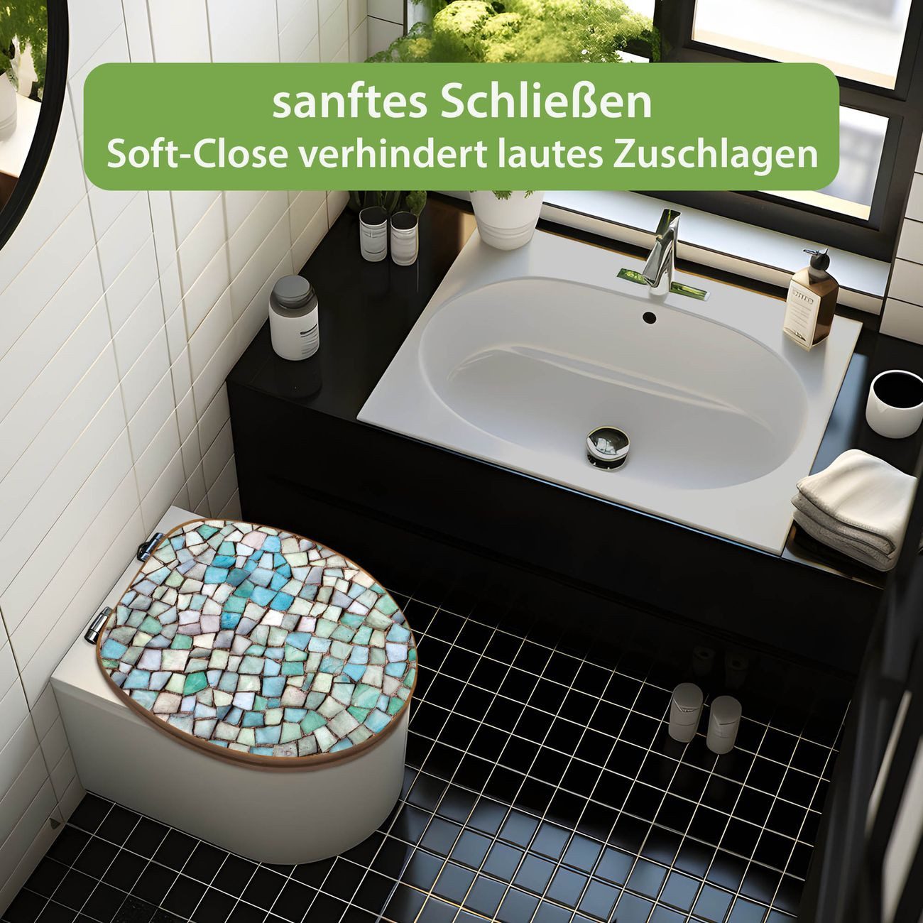 banjado WC-Sitz aus Bambus mit Absenkautomatik Motiv Mosaik Blau (umweltfreundliches Material, integrierte Absenkautomatik), 45,8 x 37,5 x 5 cm