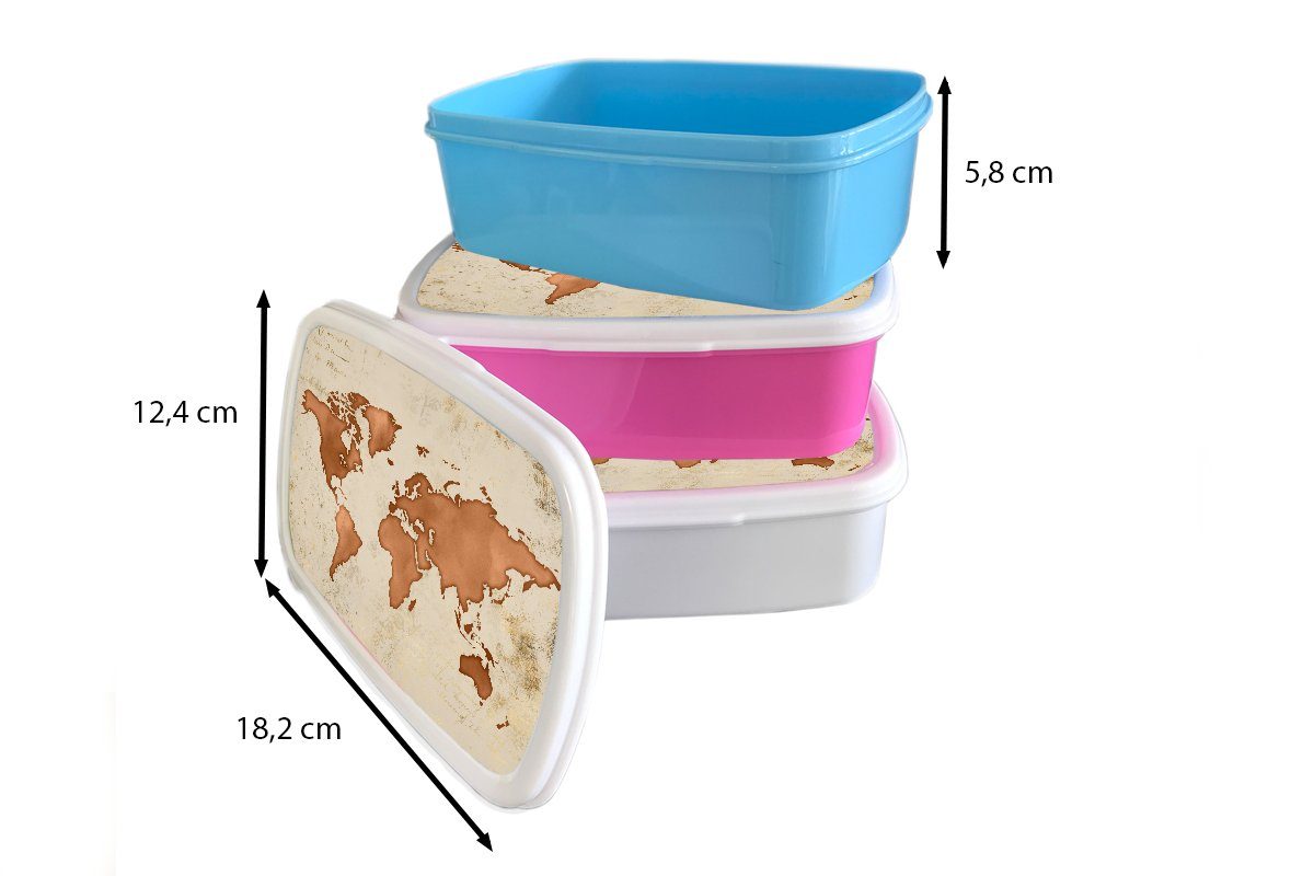 MuchoWow Lunchbox Weltkarte - Brotbox Kupfer, Mädchen, Snackbox, Papyrus Kinder, - (2-tlg), für Kunststoff Erwachsene, Kunststoff, Brotdose rosa