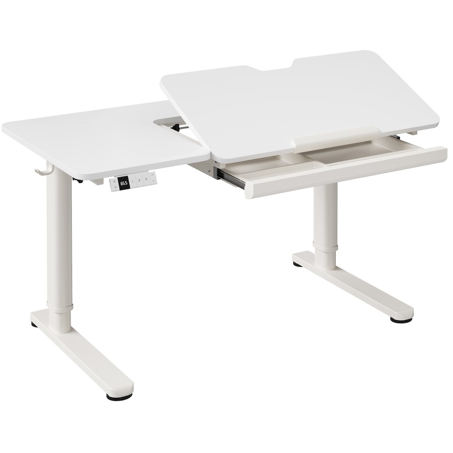 HOMALL Kinderschreibtisch Höhenverstellbarer Schreibtisch mit neigbarer Tischplatte & Schublade (Maße: 120 x 60 cm, Tischplatte um 60° nach oben klappbar, mit großer Schublade und Haken, 3-stufige Höhen-Speicherfunktion + Typ-C-Anschluss)