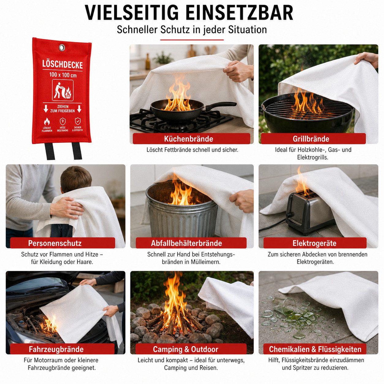 FireMat Löschdecke Brandschutzdecke für Fettbrände, Küche, Haushalt & Camping 100x100cm, 100x100 cm