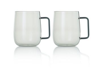 AdHoc Becher Set aus zwei großen Tassen mit Griff Yuna, Borosilikatglas, mundgeblasenes Unikat in Rauchgrau