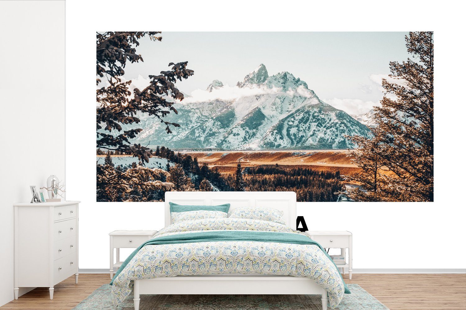 MuchoWow Fototapete Amerika - Berge - Winter - Wald, Matt, bedruckt, (6 St), Wallpaper für Wohnzimmer, Schlafzimmer, Kinderzimmer, Vinyl Tapete
