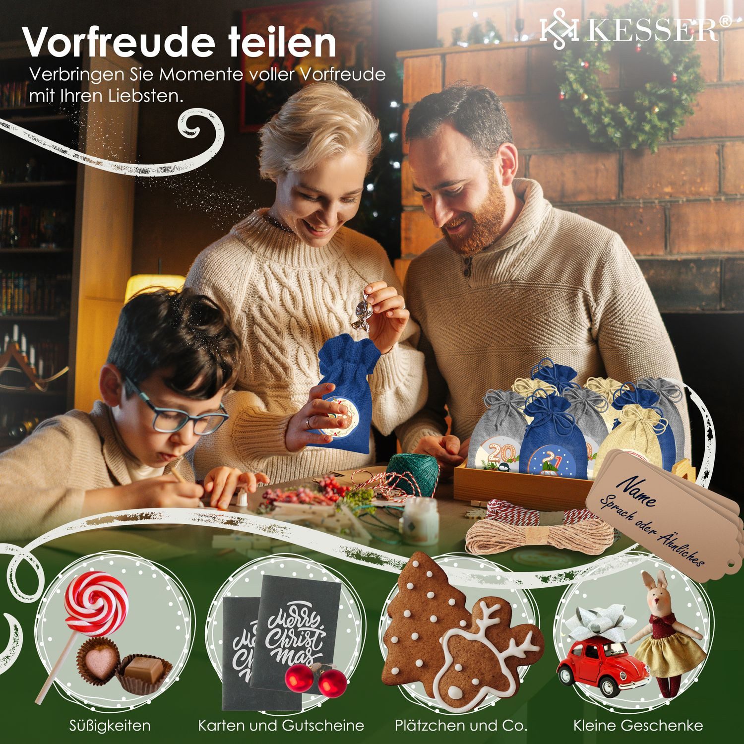 KESSER Adventskalender, Adventskalender zum Befüllen 24 Jutebeutel Stoffbezug gedruckt