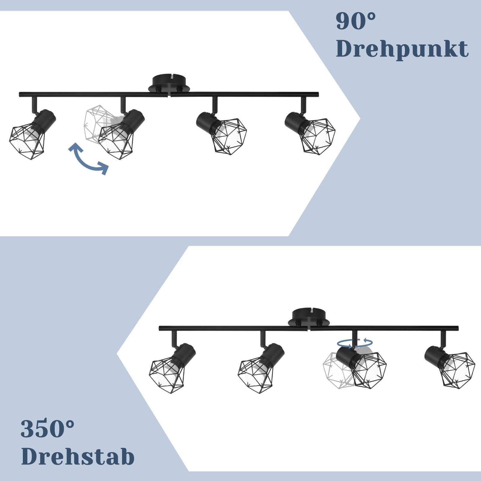 Schwarz ZMH Leuchtmittel, Deckenstrahler Innen Deckenspots ohne Retro E14 4 für Deckenleuchte 350° Flammig Kinderzimmer, Industrie, Wohnzimmer Metall Vintage