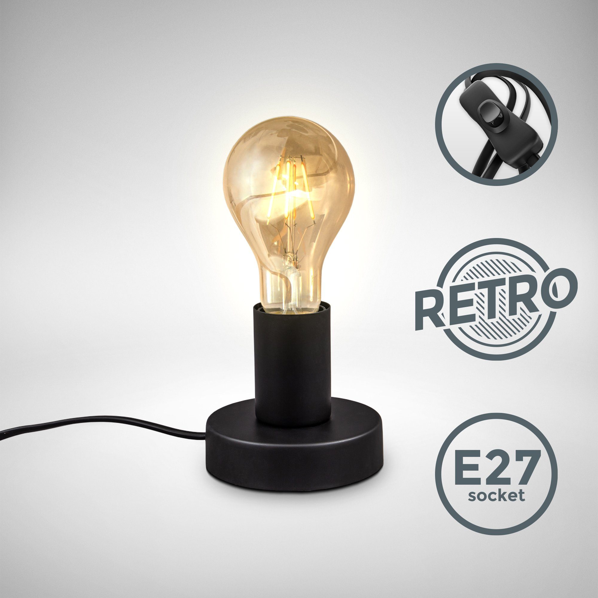 B.K.Licht Retro, Leuchtmittel, ohne matt-schwarz E27, Kabelschalter, mit Vintage,Tischlampe, Tischleuchte,