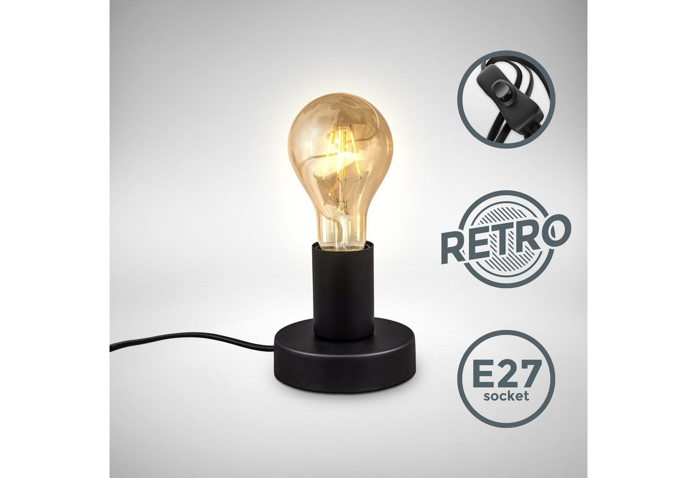 B.K.Licht Tischleuchte, Vintage Tischlampe, mit Kabelschalter, Retro Nachttischlamp, Tischlampe, E27, Matt-Schwarz, ohne Leuchtmittel, Ø10cm-HomeTrends