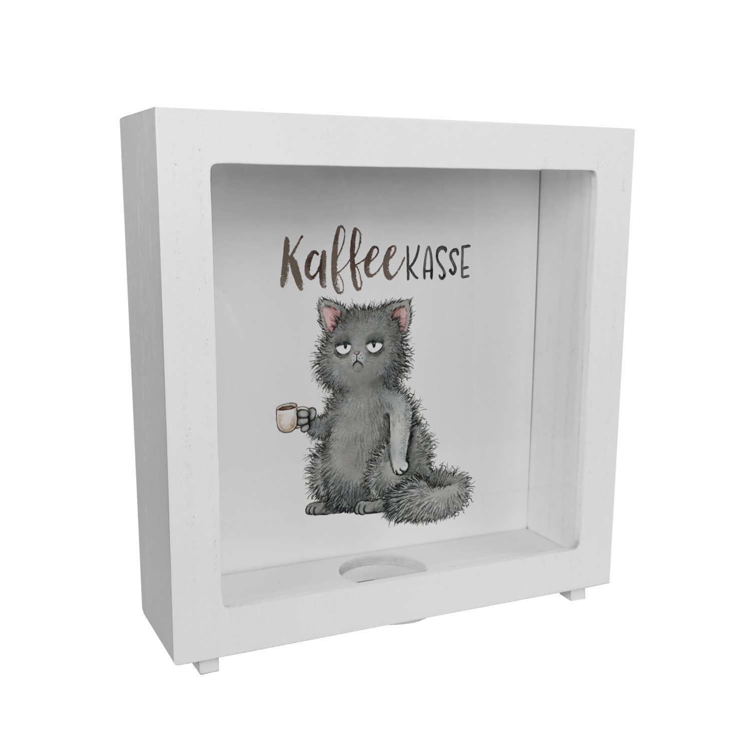 Spardose Katze mit Tasse Rahmen Spardose aus Holz mit Spruch Kaffeekasse
