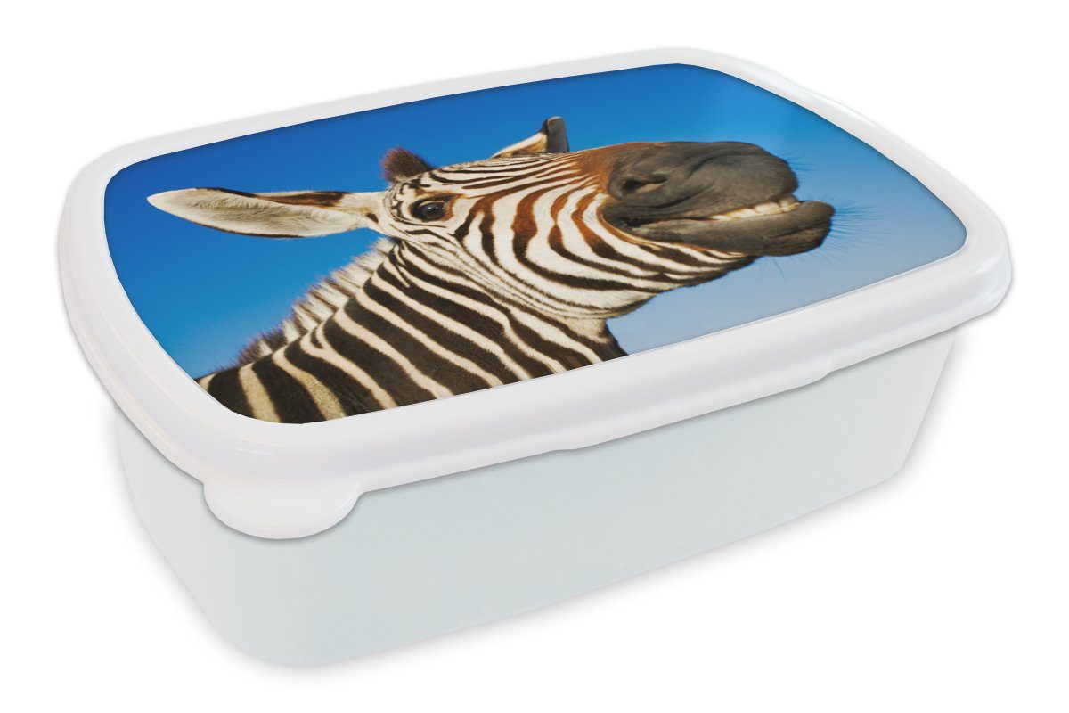 MuchoWow Lunchbox Zebra - Lustig - Kinder - Jungen - Mädchen, Kunststoff, (2-tlg), Brotbox für Kinder und Erwachsene, Brotdose, für Jungs und Mädchen weiß