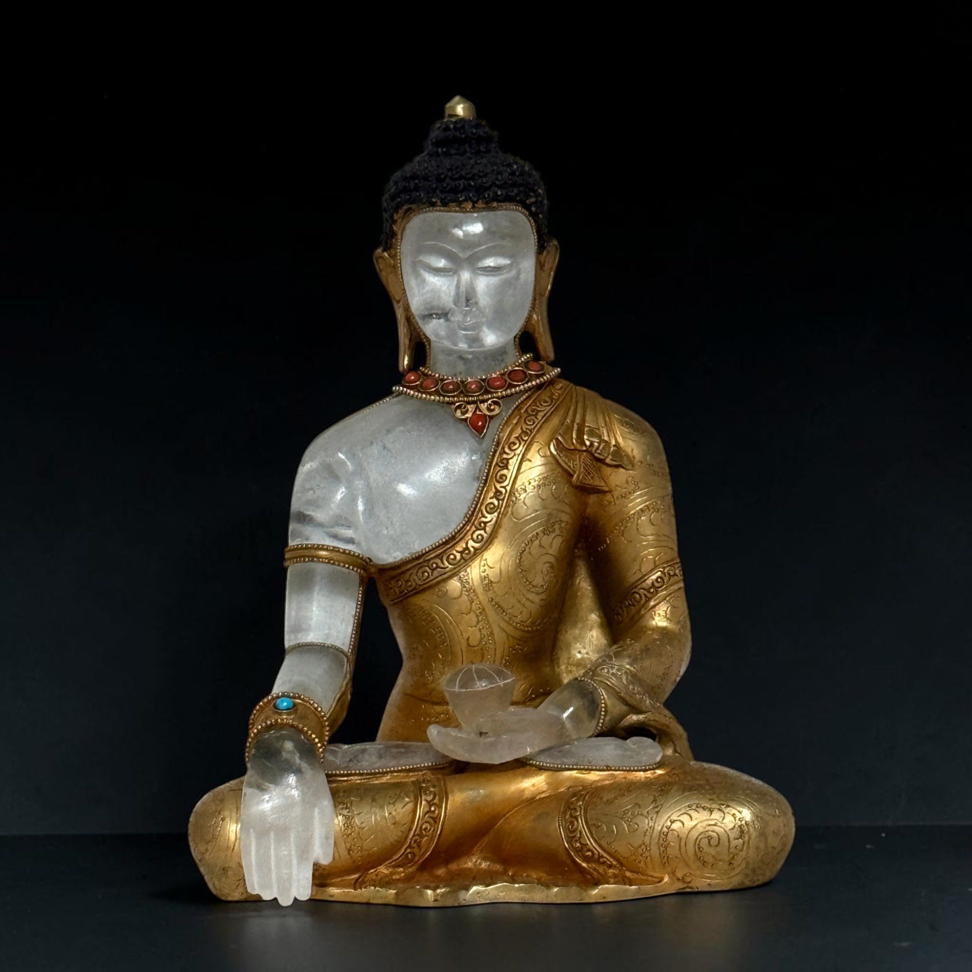 Asien LifeStyle Buddhafigur Buddha Bronze Figur feuervergoldet mit Bergkristall aus Nepal
