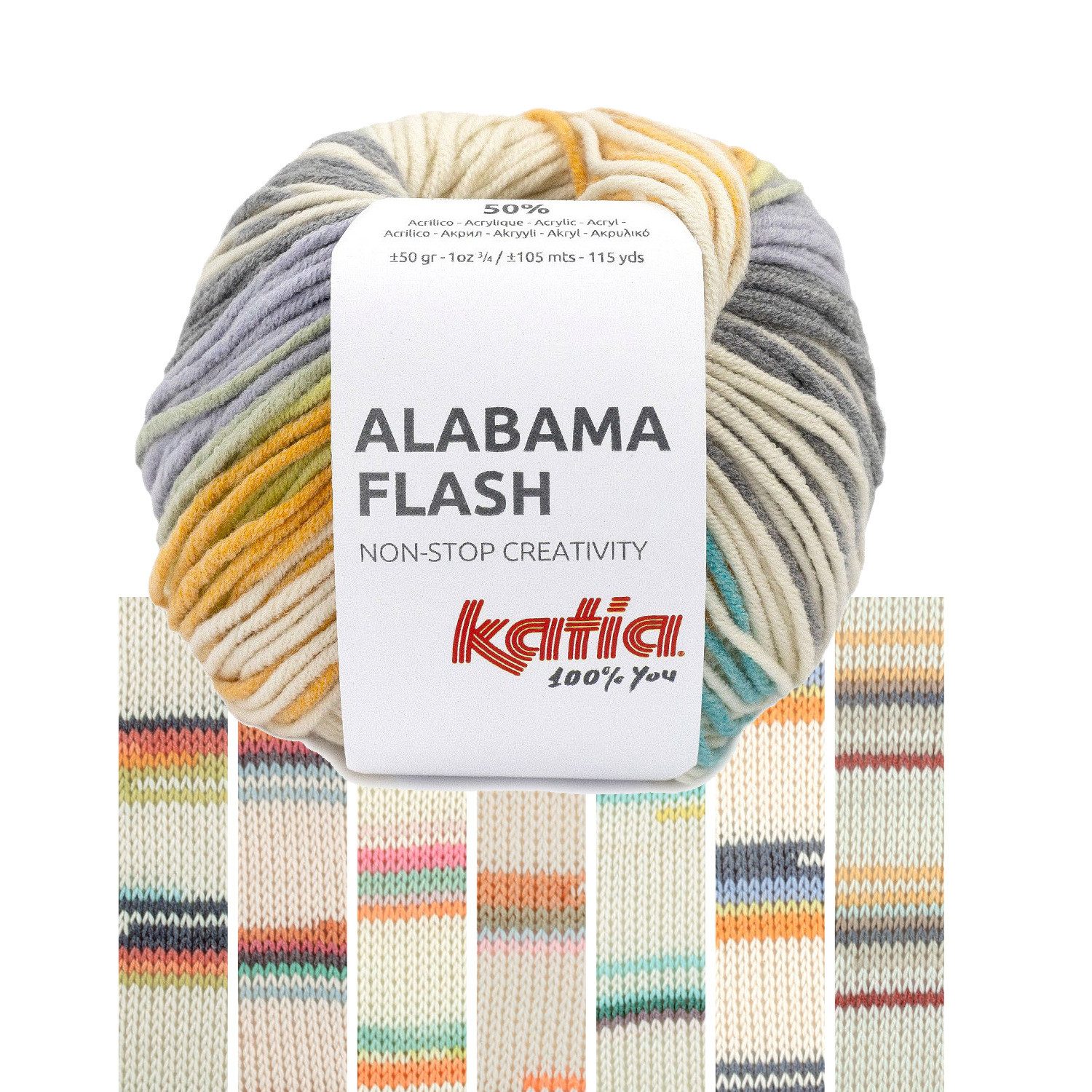 Katia Alabama Flash Baumwollmischgarn Strickgarn Häkelwolle, 105 m (50g Wolle zum Stricken und Häkeln, Handstrickgarn), 50% Baumwolle, 50% Polyacryl