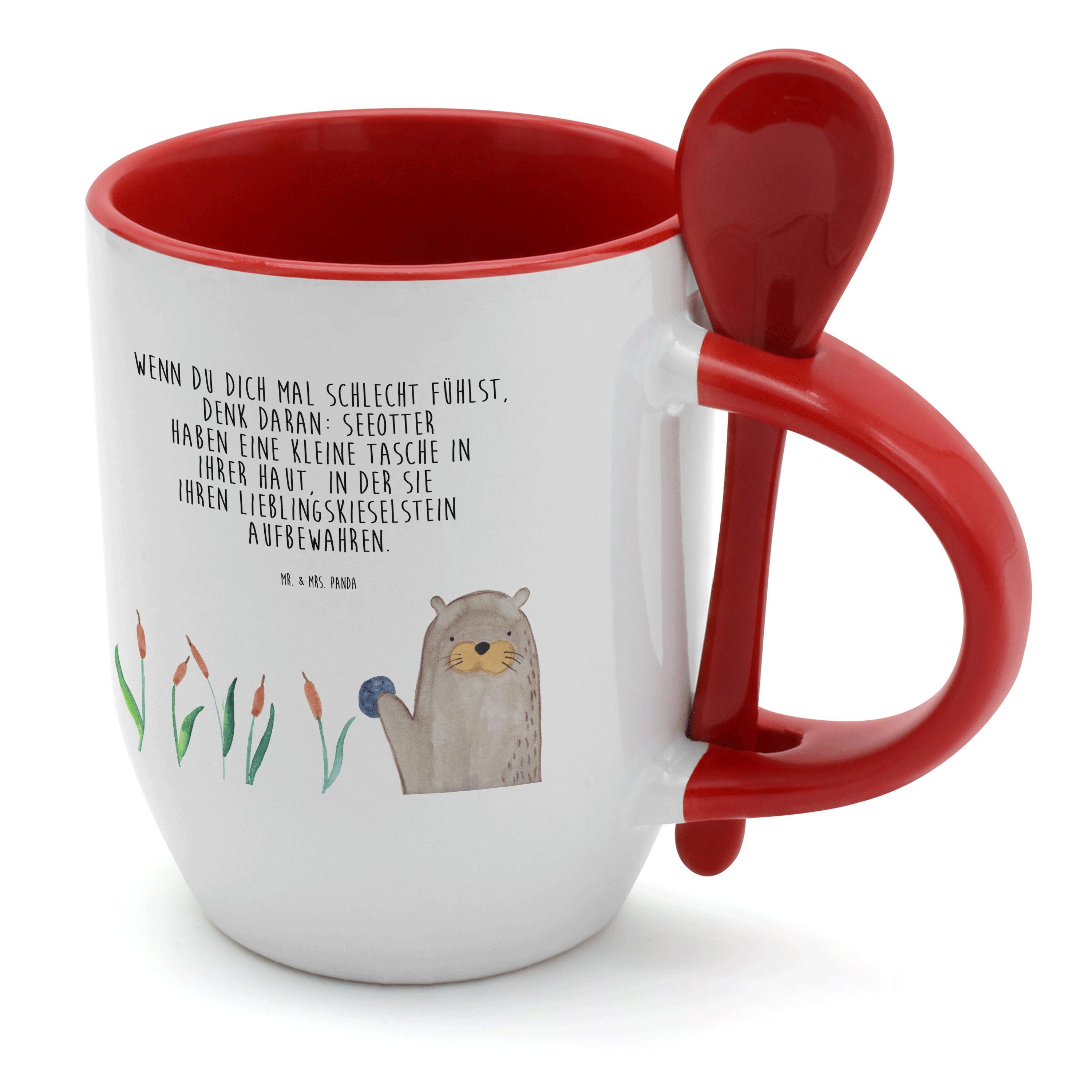 Mr. & Mrs. Panda Tasse Otter mit Stein - Weiß - Geschenk, Seeotter, Tasse mit Spruch, Tasse, Keramik
