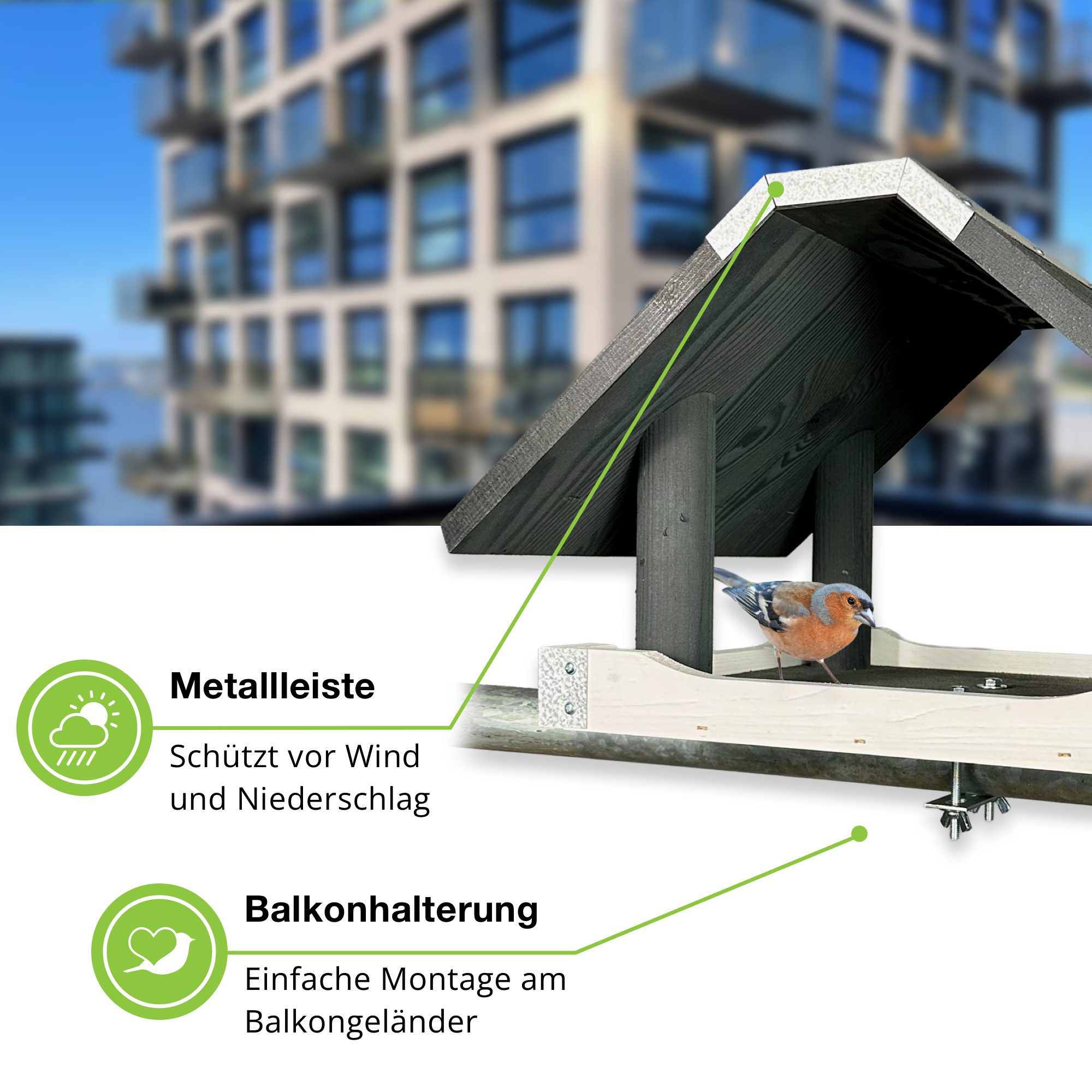 gartenetage Vogelhaus Modernes Vogelhaus mit Balkonhalterung aus Kiefernholz, wetterfestes Futterhaus für Wildvögel mit stabilem Dach, handgefertigt