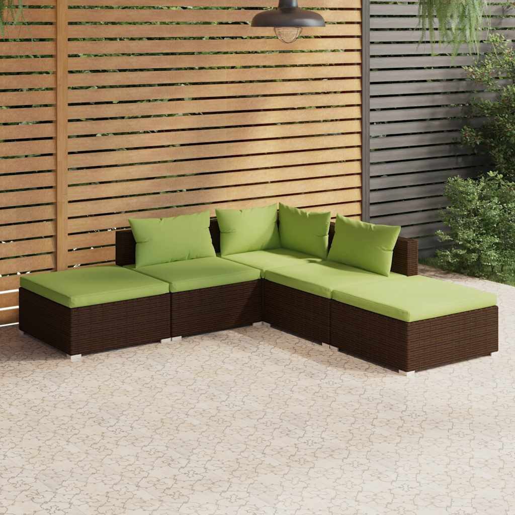 furnicato Gartenlounge-Set 5-tlg. Garten-Lounge-Set mit Kissen Poly Rattan Braun, (1-tlg)