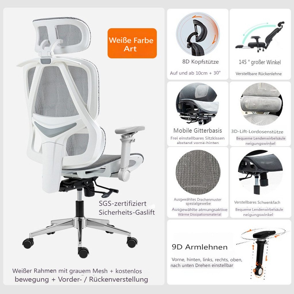 MECO Gaming-Stuhl Mesh-Bürostuhl mit 8D-Kopfstütze, 3D-Lendenstütze, 9D-Armlehnen, ergonomischer Schreibtischstuhl mit 145° Neigung, atmungsaktiv
