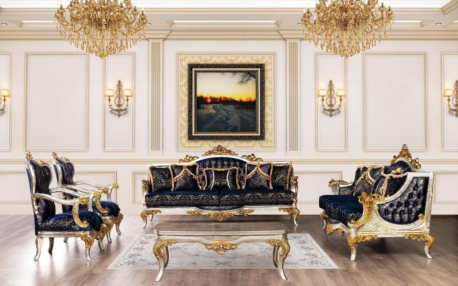 JVmoebel Wohnzimmer-Set Sofagarnitur Royal Sofa, Möbel Blaue Couch Couchtisch (5-St) Sofagarnitur 5tlg