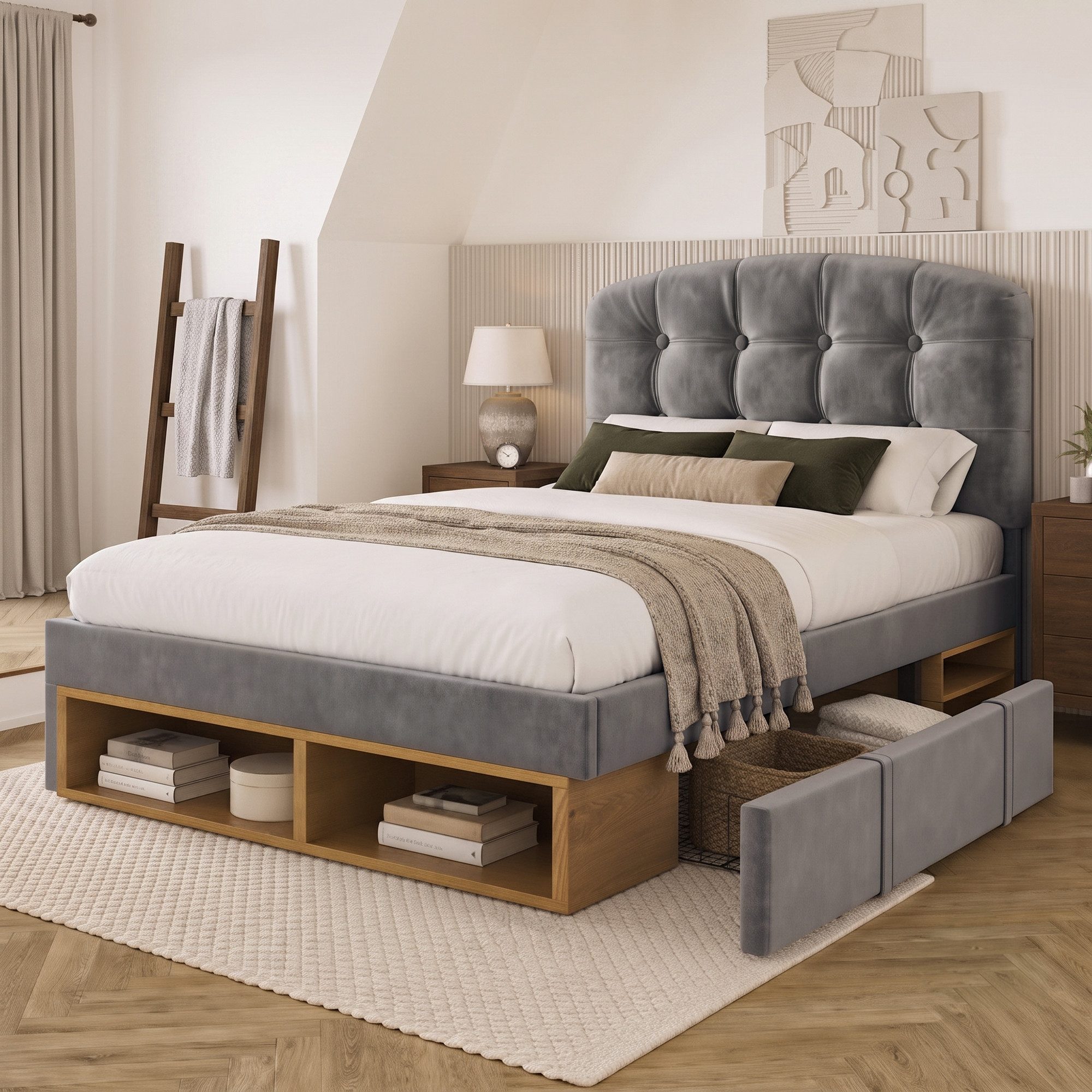 Flieks Polsterbett, Einzelbett 90x200cm mit höhenverstellbarem Kopfteil und 2 Schubladen