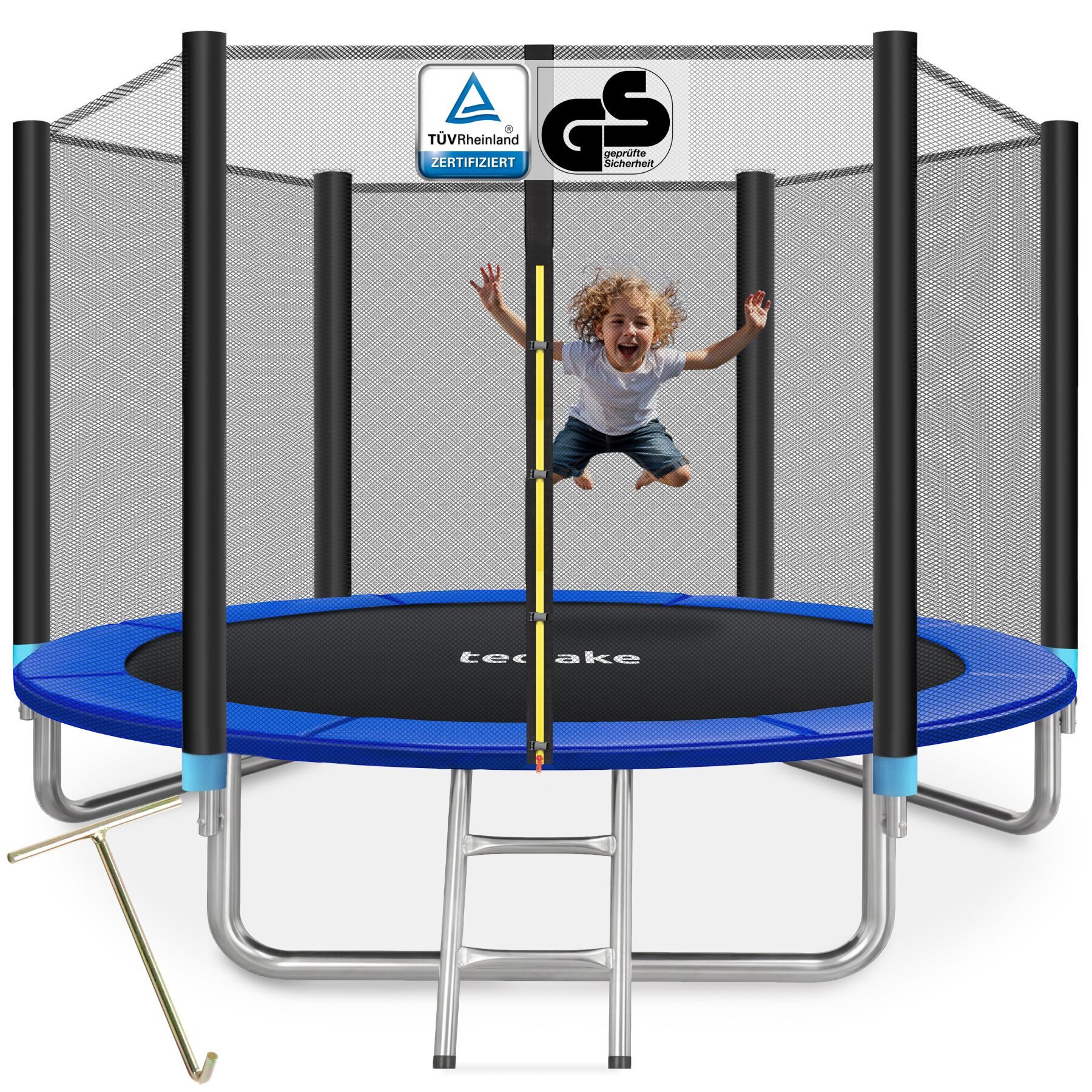 tectake Gartentrampolin Kindertrampolin mit Einstiegsleiter und Sicherheitsnetz Ø 305 cm, (Outdoortrampolin Garfunky, in schwarz/blau), GS zertifiziert, Randabdeckung, reißfestes Sprungtuch
