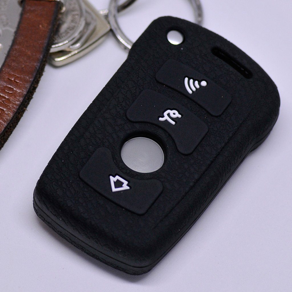mt-key Schlüsseltasche Autoschlüssel Softcase Silikon Schutzhülle Schwarz, für BMW 7er E65 E66 01-05 4 Tasten KEYLESS SMARTKEY