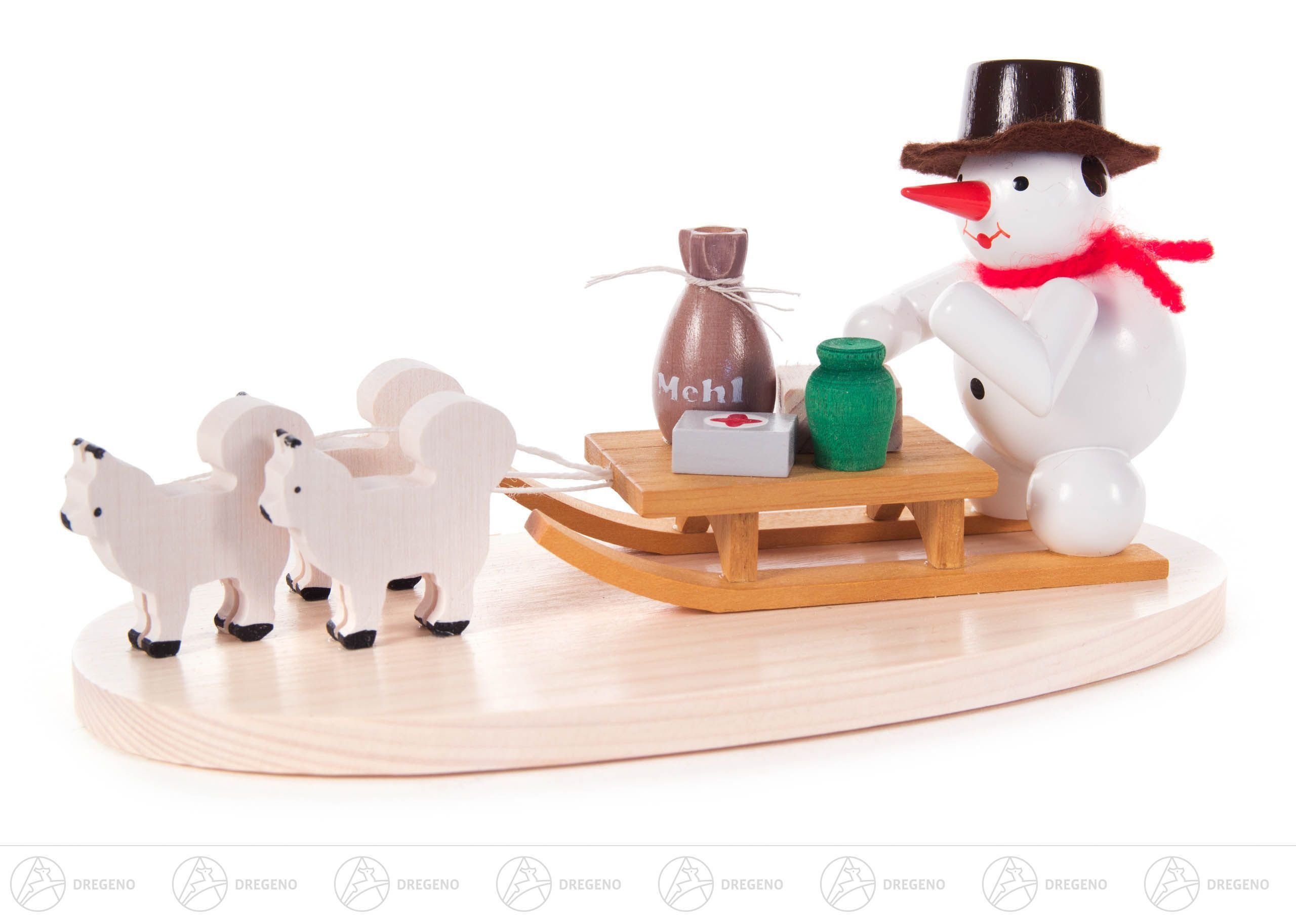 Dregeno Erzgebirge Schneemann Schneemann mit Hundeschlitten BxHxT 150 x 70 x 75mm NEU