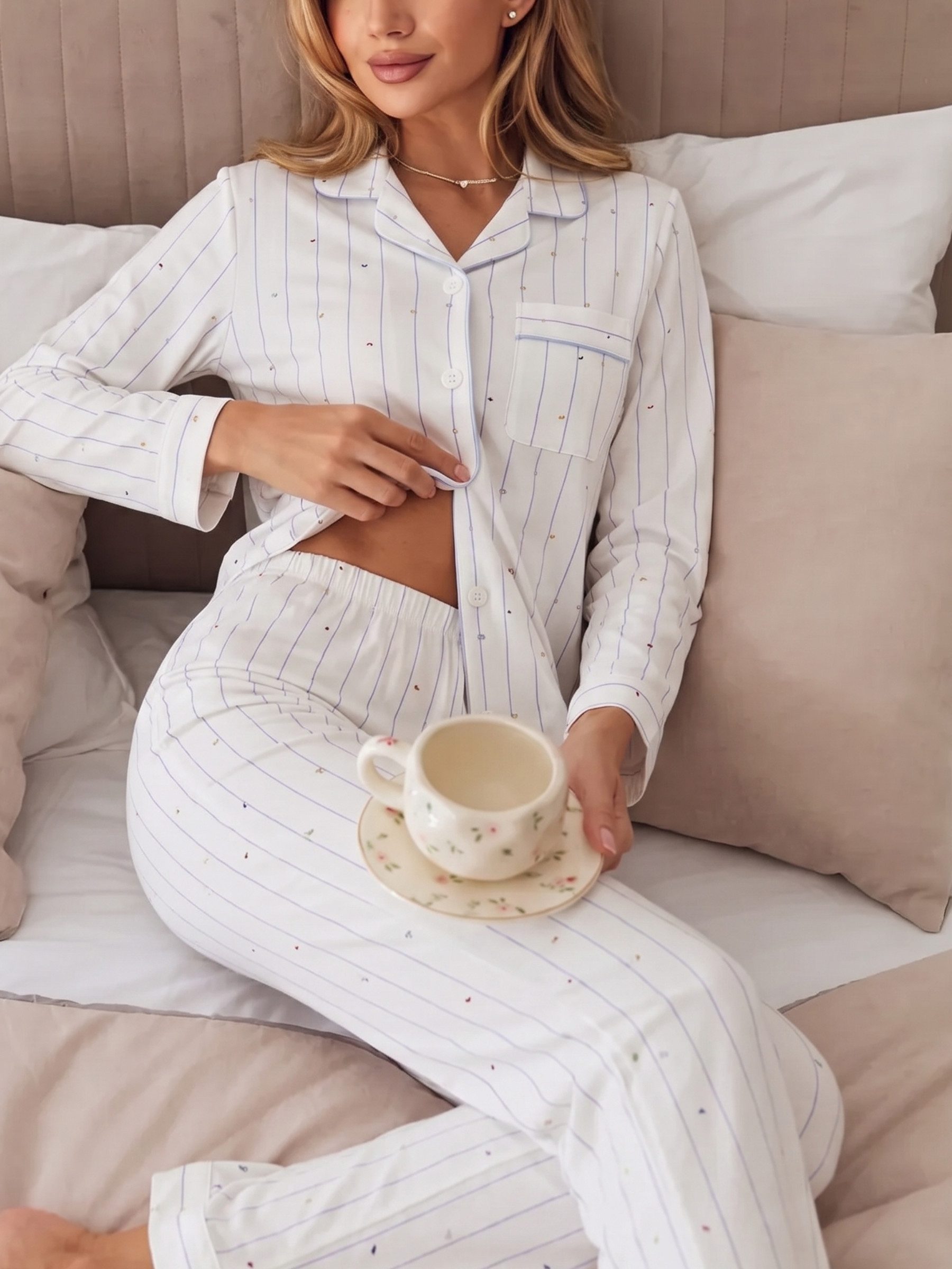 Elegant Love Pyjama Damen-Schlafanzug aus Baumwolle – atmungsaktive Nachtwäsche & Homewear (Set, 2 tlg., Langarmoberteil und lange Schlafhose) Loungewear-Set – gestreifter Hausanzug mit Brusttasche