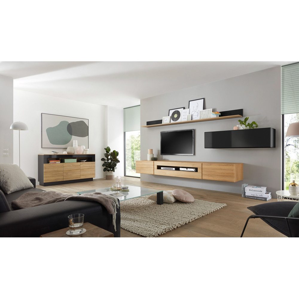 Lomadox Wohnwand CHUR-61, (0-St), mit Sideboard in Hochglanz schwarz mit Eiche hell 340/190/48 cm