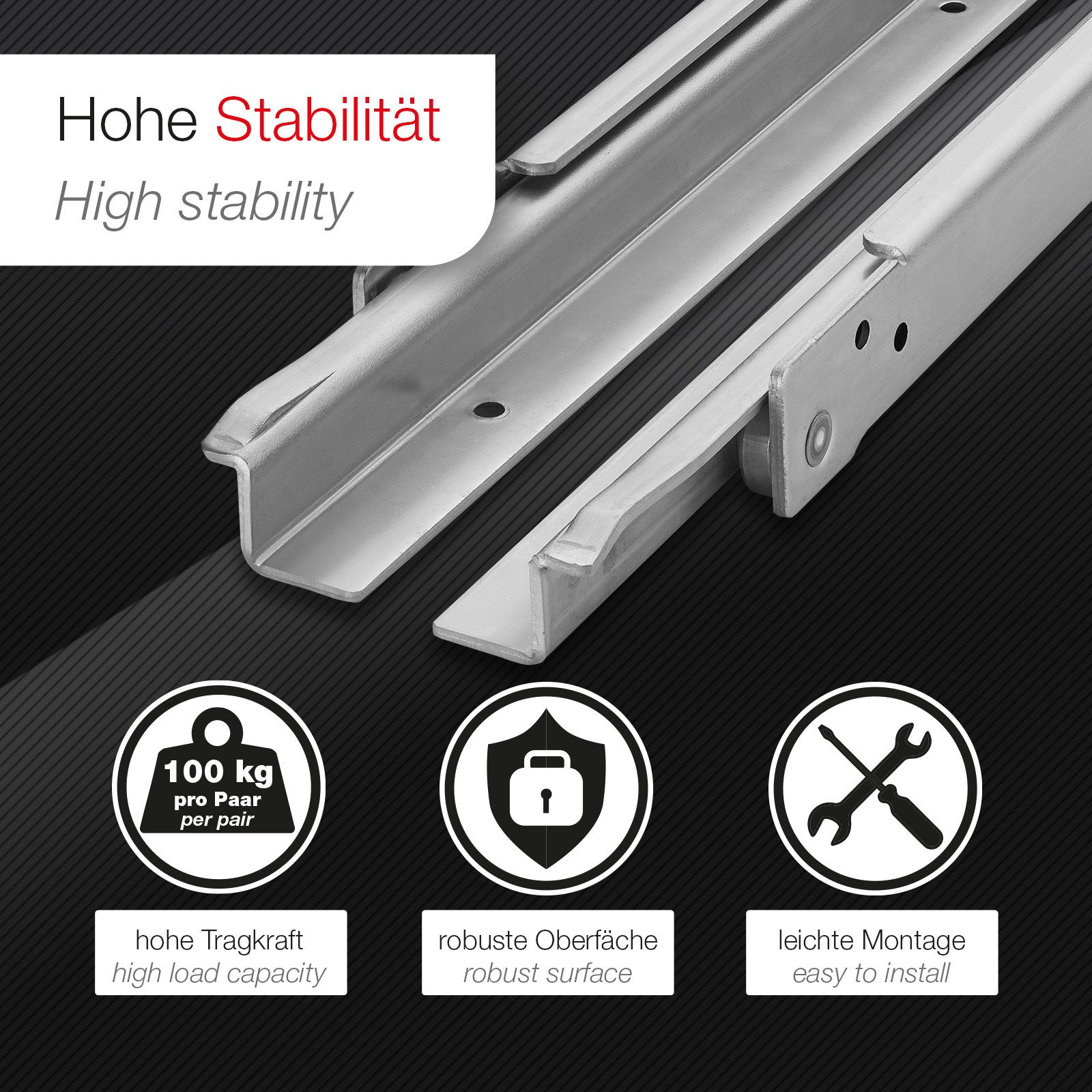 SO-TECH® Auszug Schubkastenauszug Schwerlast Rollenführung Teilauszug Stahl (1 St), Nennlänge 500 mm, Tragkraft 100 kg, aufliegende Montage