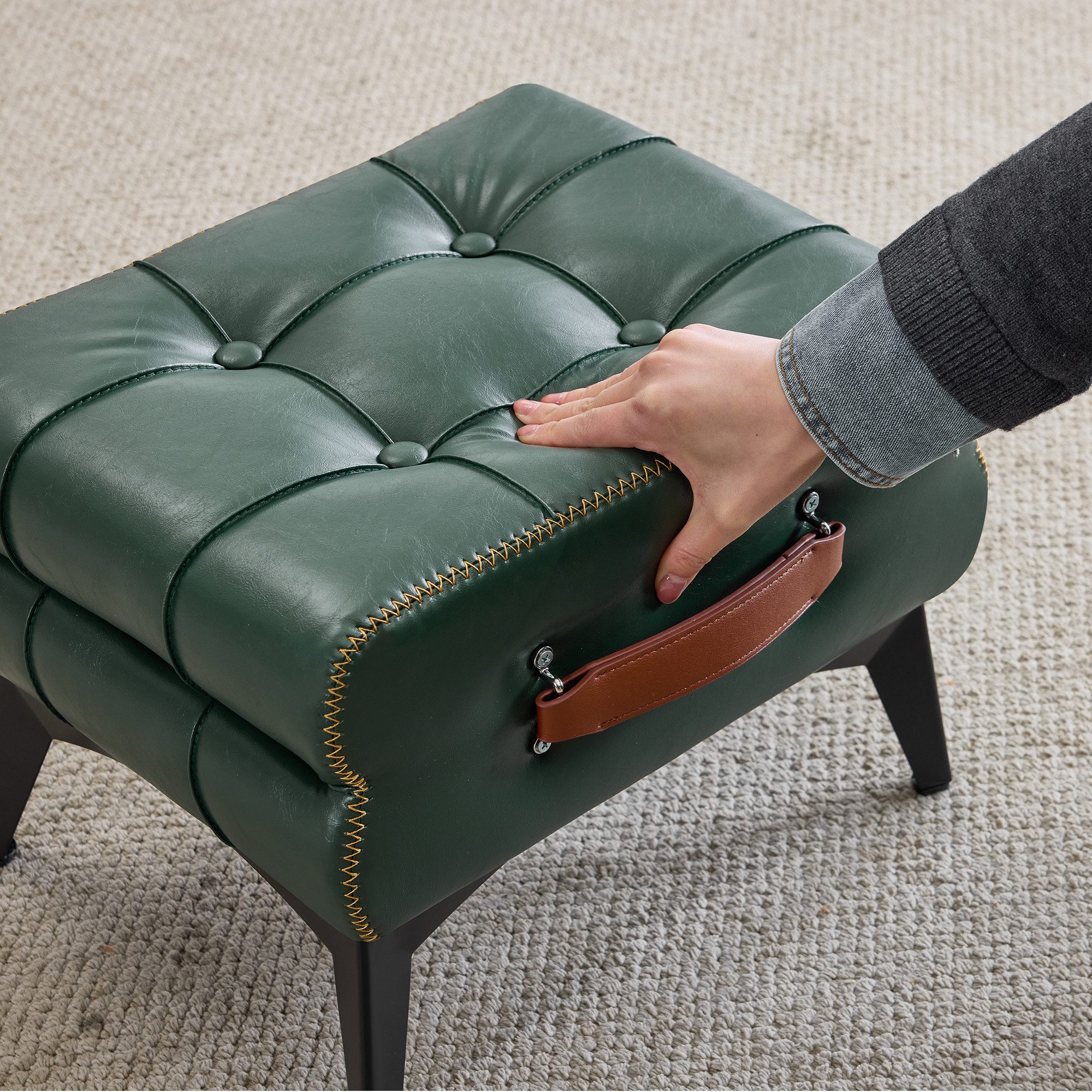 REDOM Fußhocker schwarzem/grünem Leder (mit Metallbeinen. Universeller Schuhwechselhocker für Wohn, 1 St., 43*33*30cm)