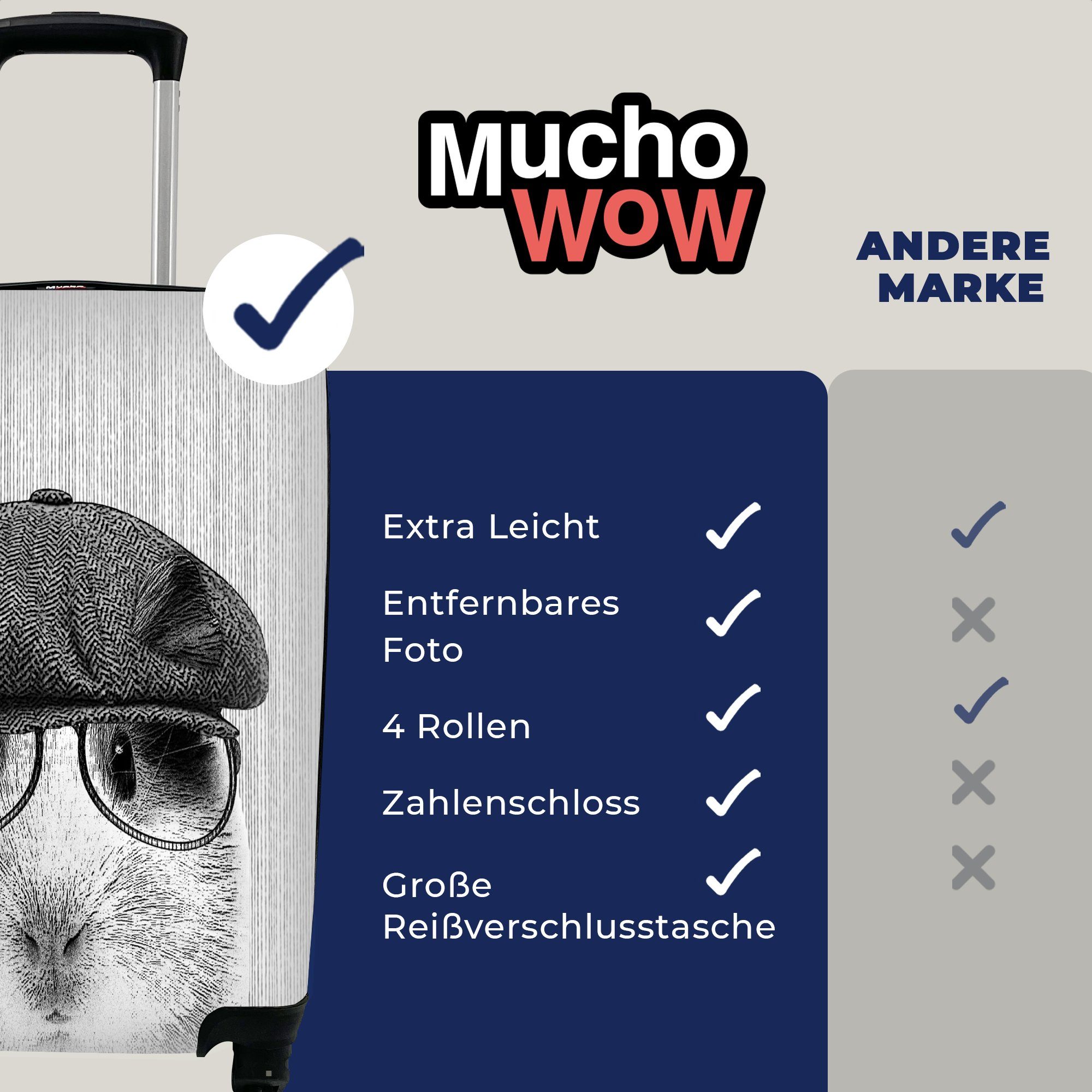 MuchoWow Ferien, - für Baskenmütze Handgepäckkoffer rollen, Brille Handgepäck Trolley, - Reisetasche 4 Reisekoffer mit Hipster, Meerschweinchen Rollen, -