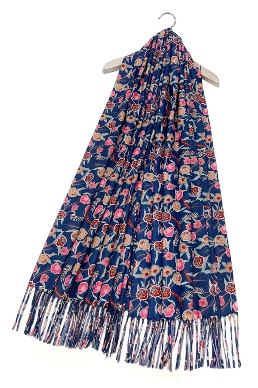 Fashion Scarf World Schal Eleganter Quastenschal mit floralem Muster – Blau und Rosa, Weich, wärmend und angenehm leicht auf der Haut