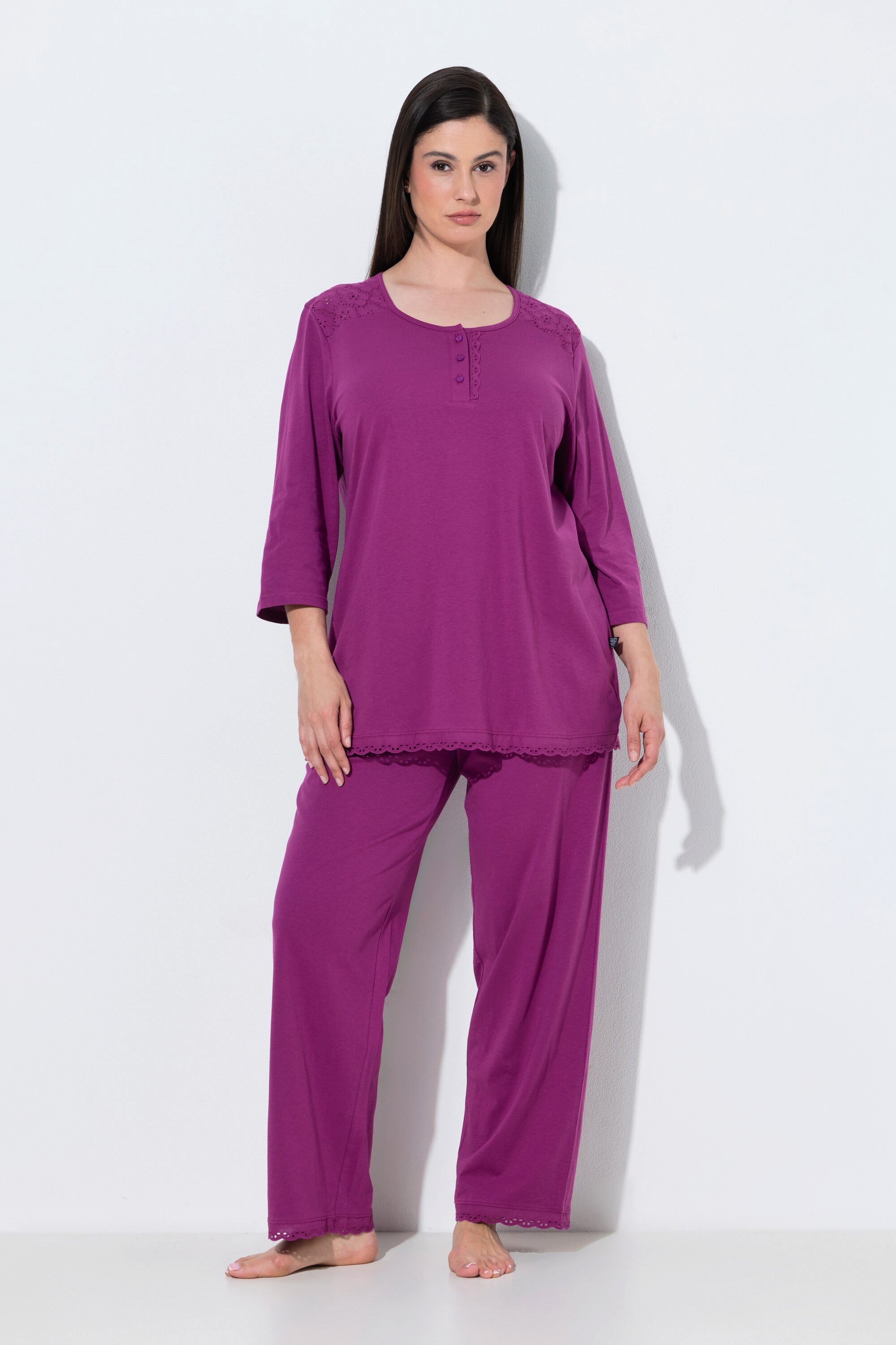 Ulla Popken Pyjama Pyjama Zweiteiler Lochstickerei Zierfalte 3/4-Arm