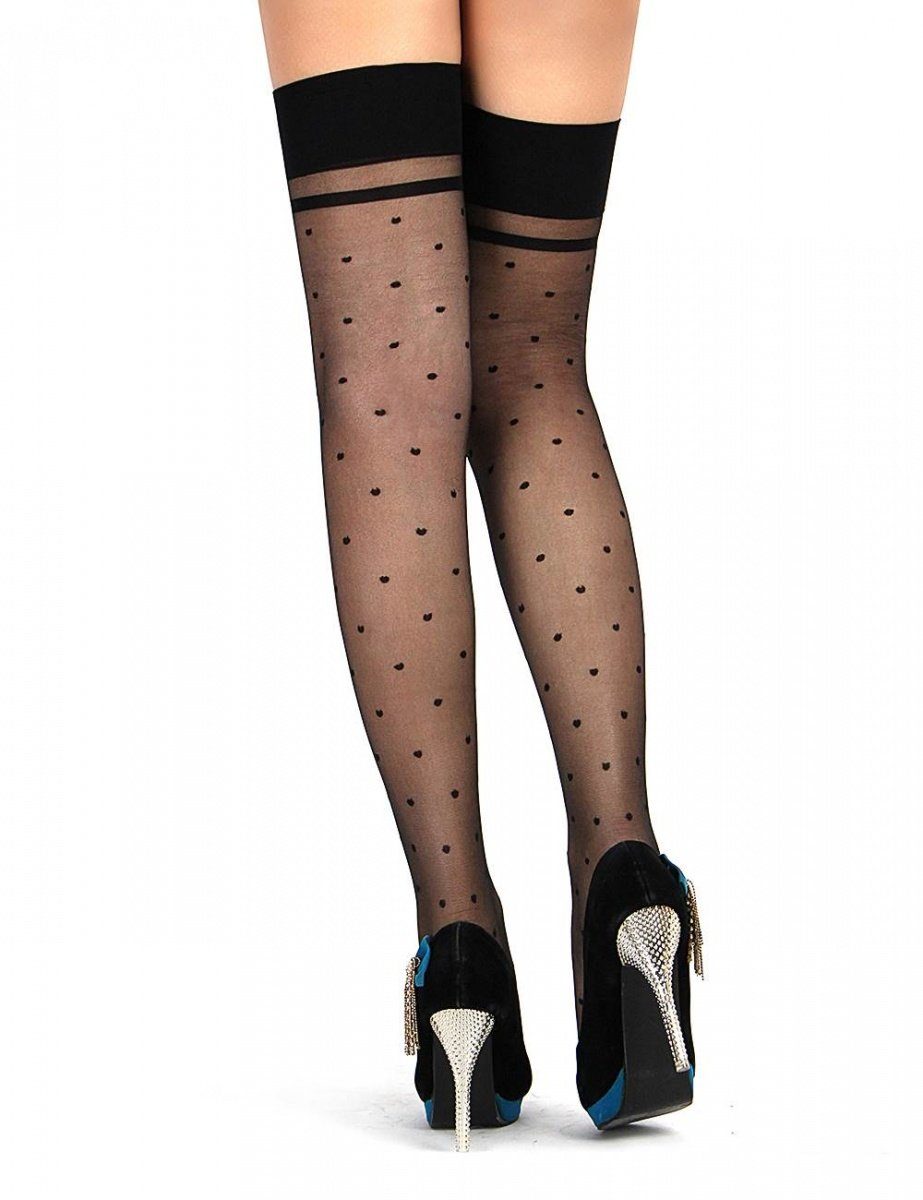 Lau-Fashion Strapsstrümpfe Nylon Strümpfe Punkte Schleifchen Halterlose Overknees Schwarz S/M/L