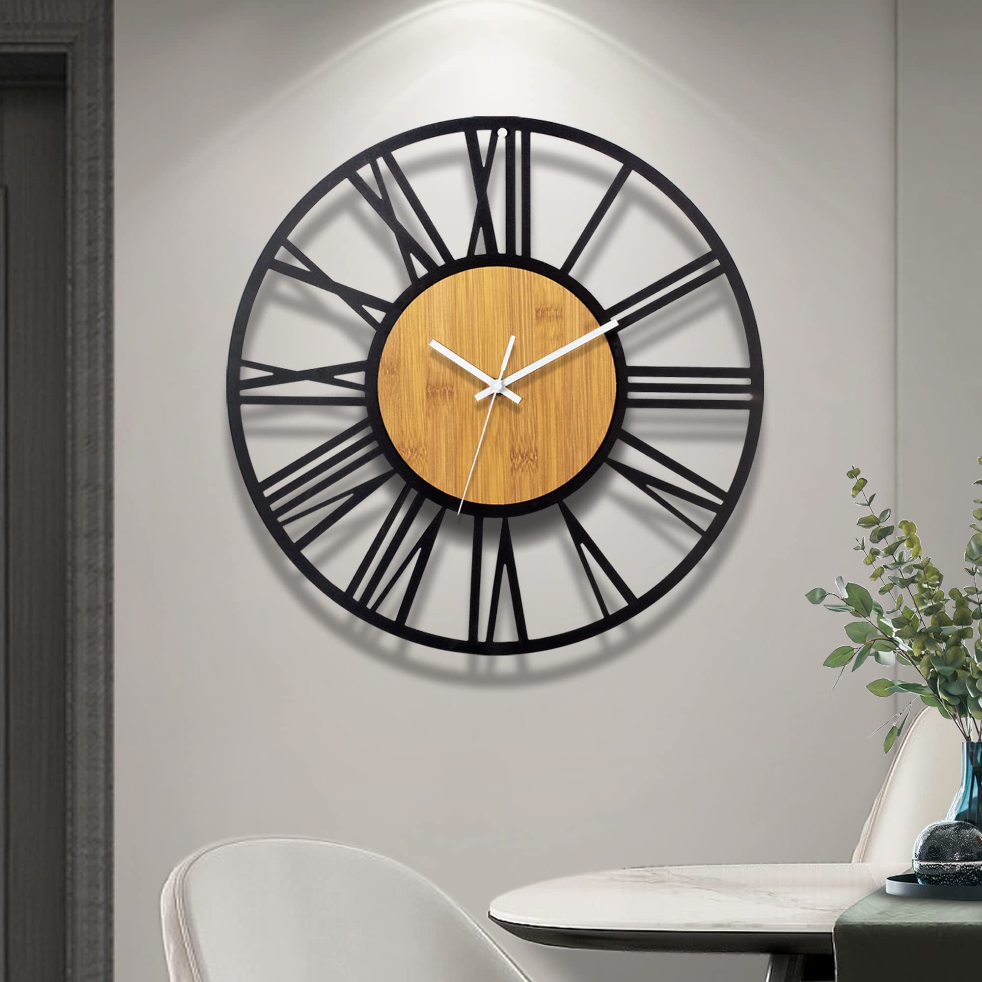 MOPUEA Wanduhr Wanduhr Retro Wohnzimmer-Dekoration römische Ziffern 40cm (Leises Uhrwerk, römische Ziffern, Metallrahmen, Holzoptik)
