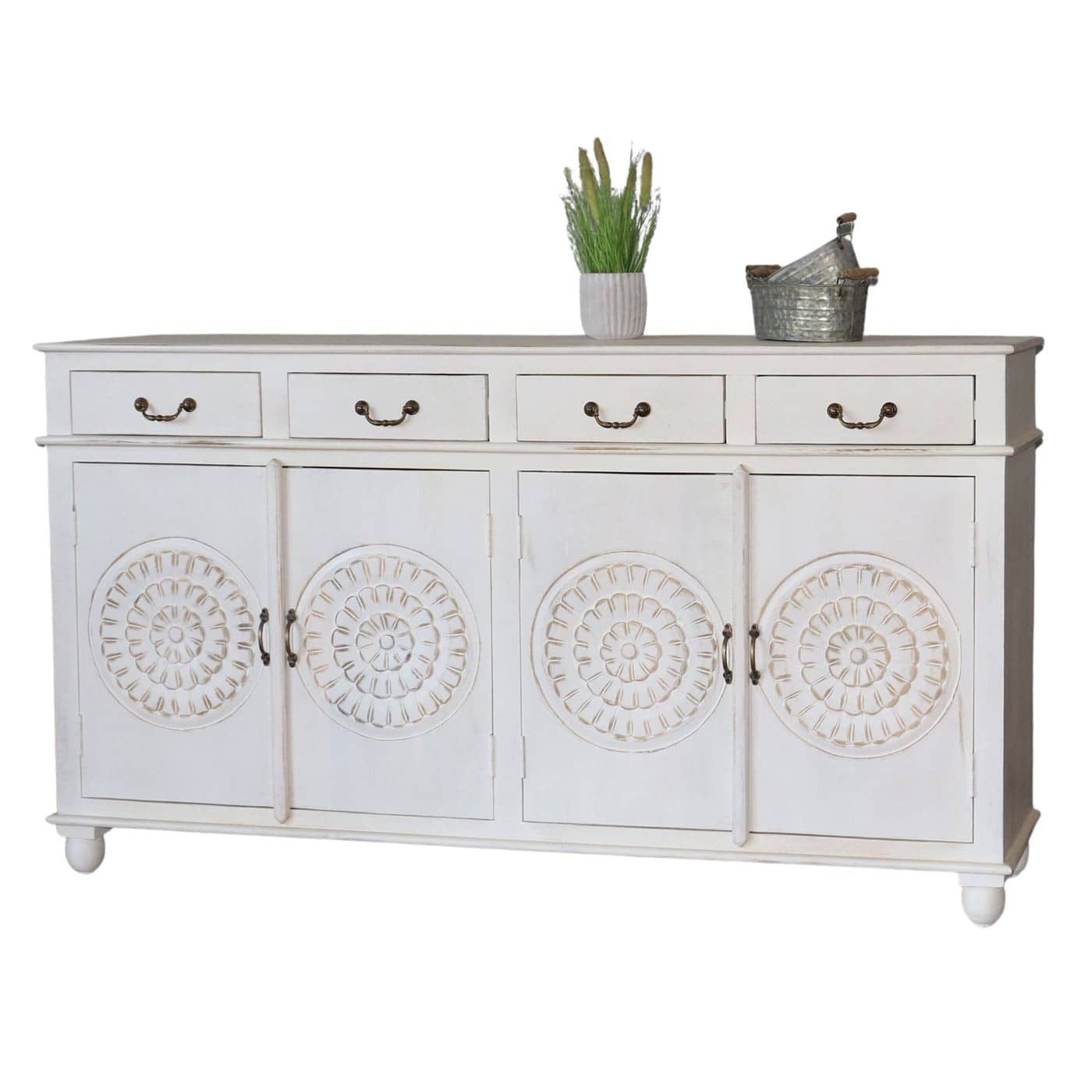 baario Sideboard XXL Sideboard BLATO Shabby Chic, Kommode massiv edles Mangoholz 180cm Schnitzerei