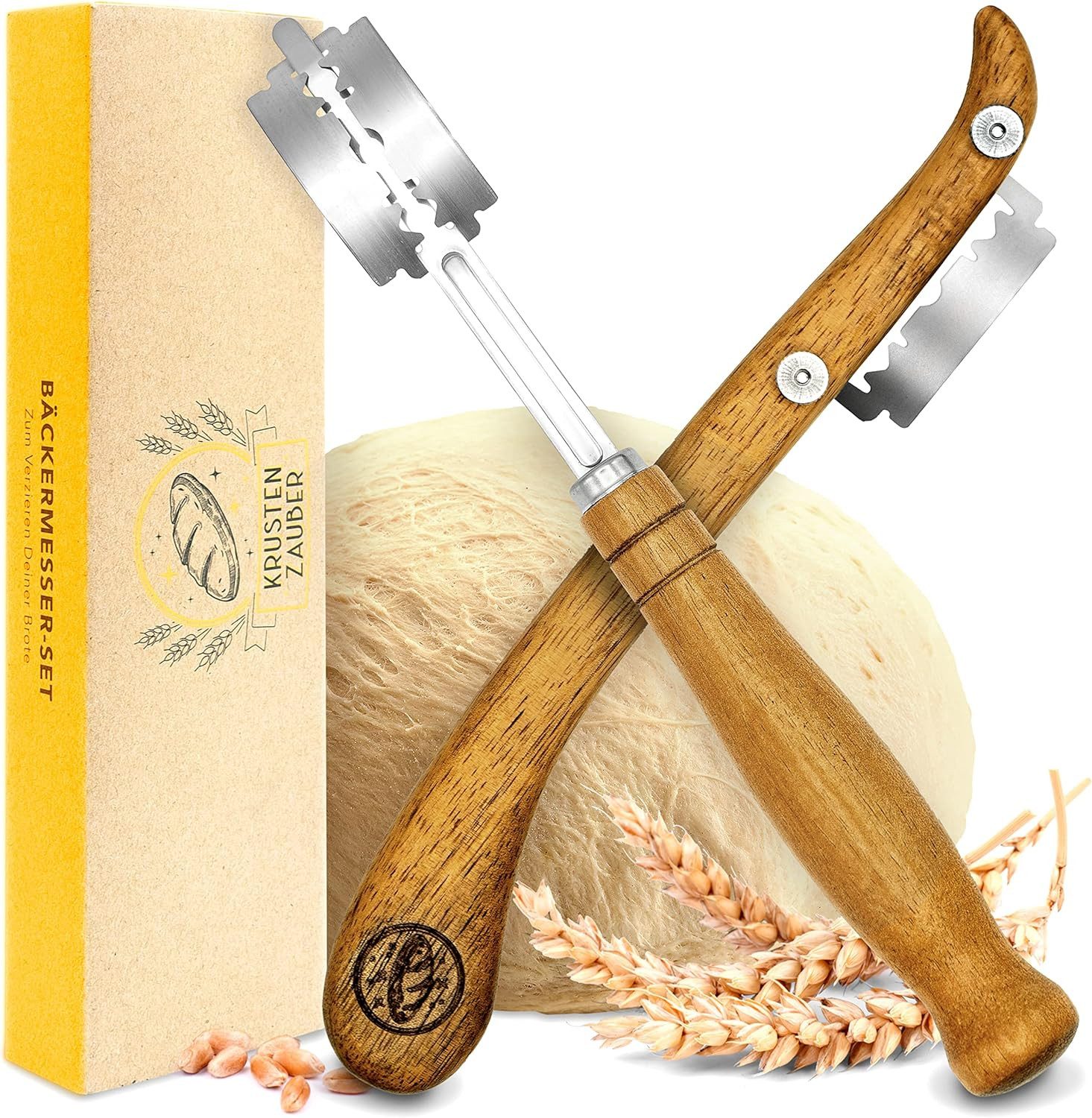 Krustenzauber Ножи для хлеба Bäckermesser Teigmesser Set für gerade und geschwungene Schnitte, Brotklinge, Bäckerklinge, Teigritzmesser Lame, Brot Backen Zubehör