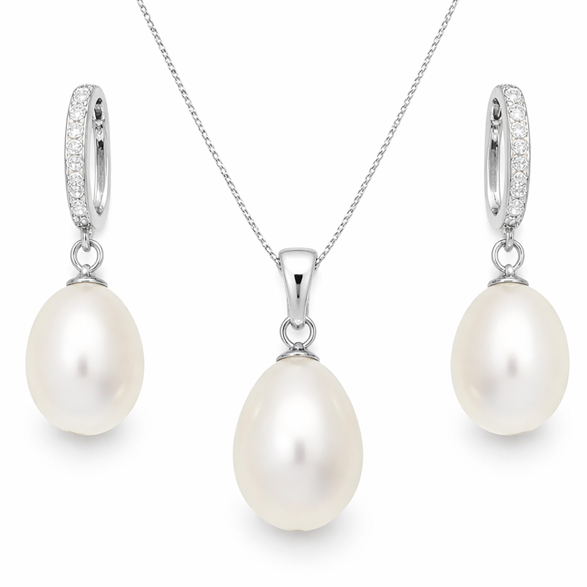LÖB Ohrring und Ketten Set Schmuckset 925 Silber Zirkonia Zuchtperle Perlen Kette Creolen Hängend (Geschenke für Frauen Beste Freundin Mutter Mama Damen Ehefrau sie zum Geburtstag Ostern Muttertag Muttertagsgeschenk, Inkl. Schmuckbox), Halskette Ohrringe Anhänger Set echte Perlenohrringe Brautschmuck Weiß