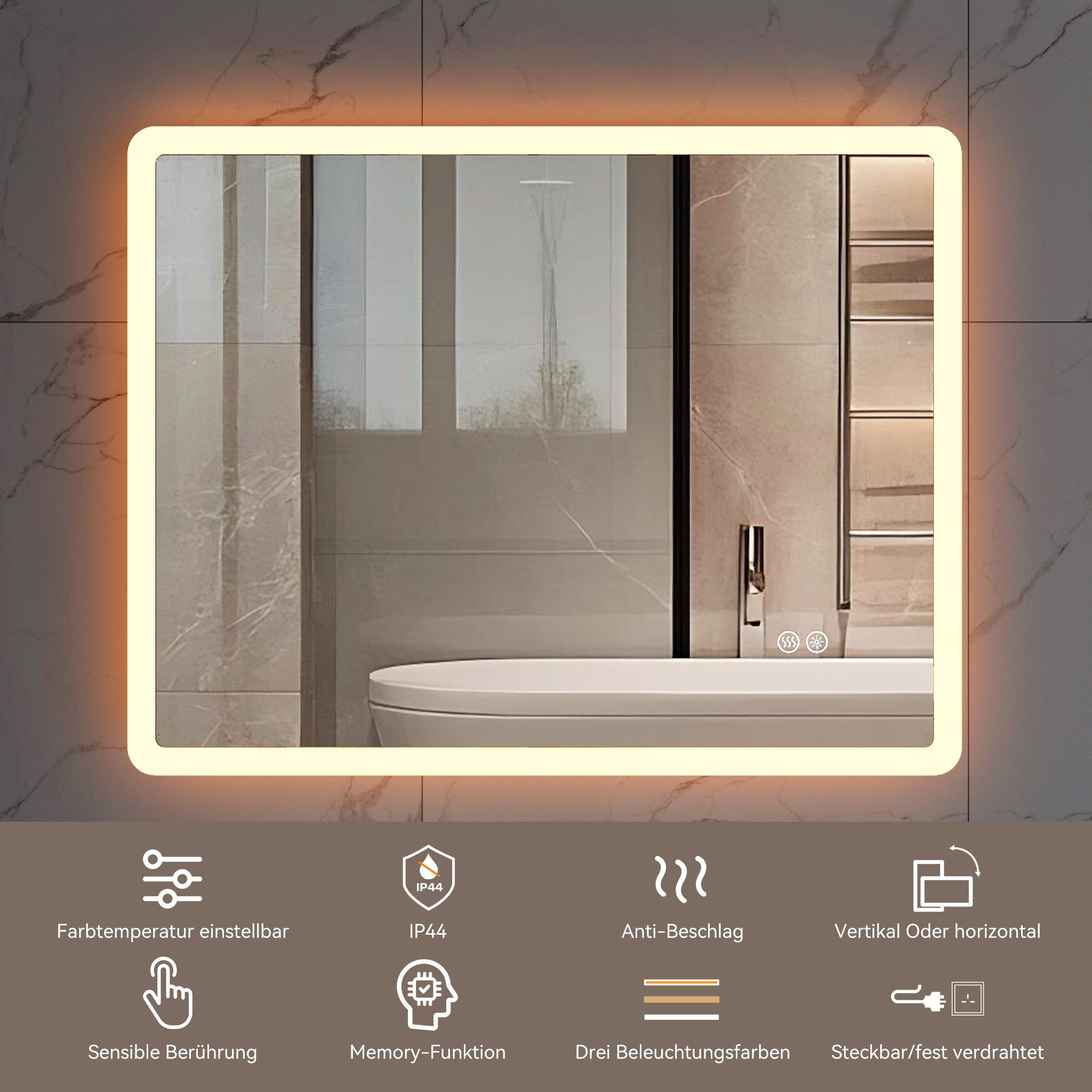 HOROW Badspiegel Badspiegel LED Badezimmerspiegel Rechteckig Lichtfarbe einstellbar (Kaltweiß/Neutralweiß/Warmweiß Licht, Dimmbar, Memory Funktion, IP44, 3 Lich – Bild 4 von 5
