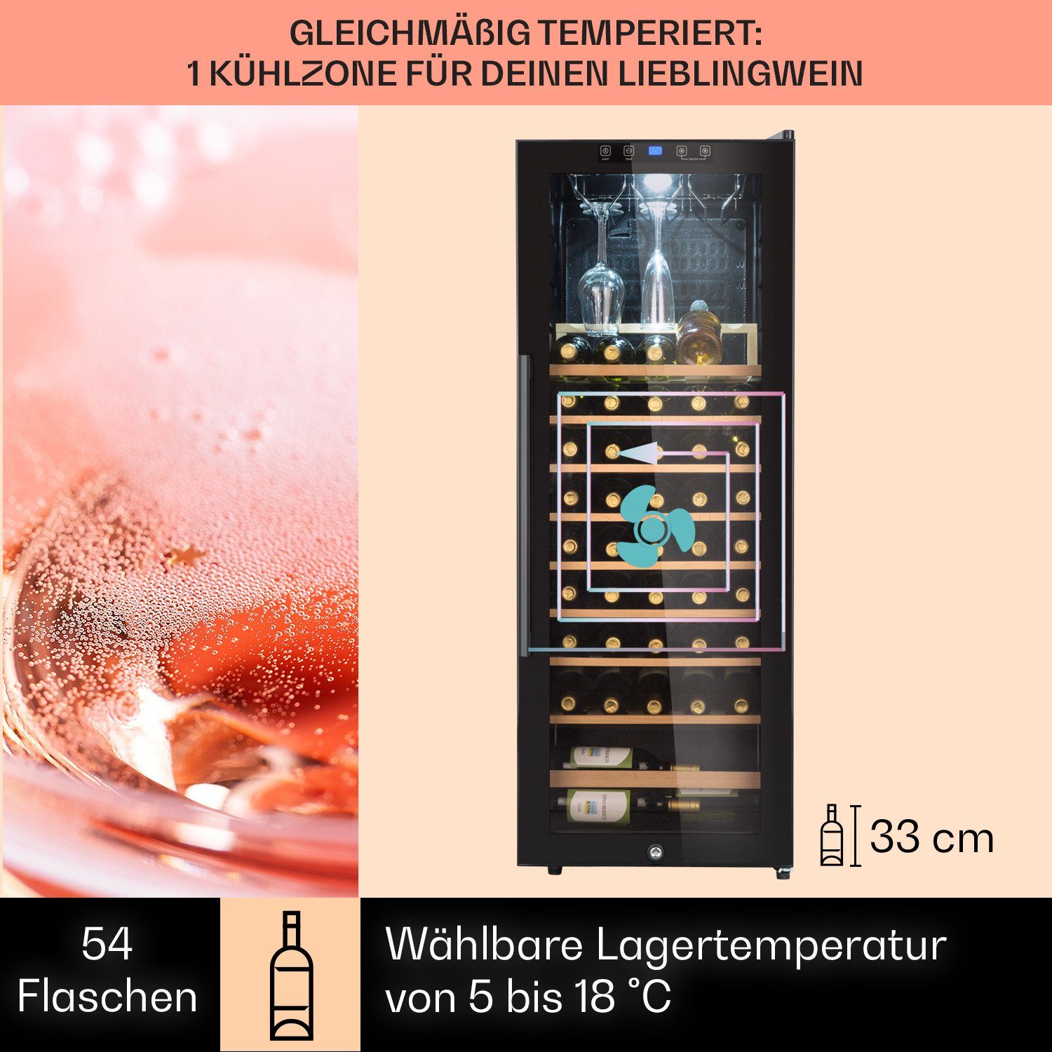 Klarstein Weinkühlschrank Barossa 54 Uno Weinkühlschrank 155 L 54 Flaschen Glastür Touch LED, für 54 Standardflaschen á 0,75l,Wein Flaschenkühlschrank Weintempe – Bild 4 von 5
