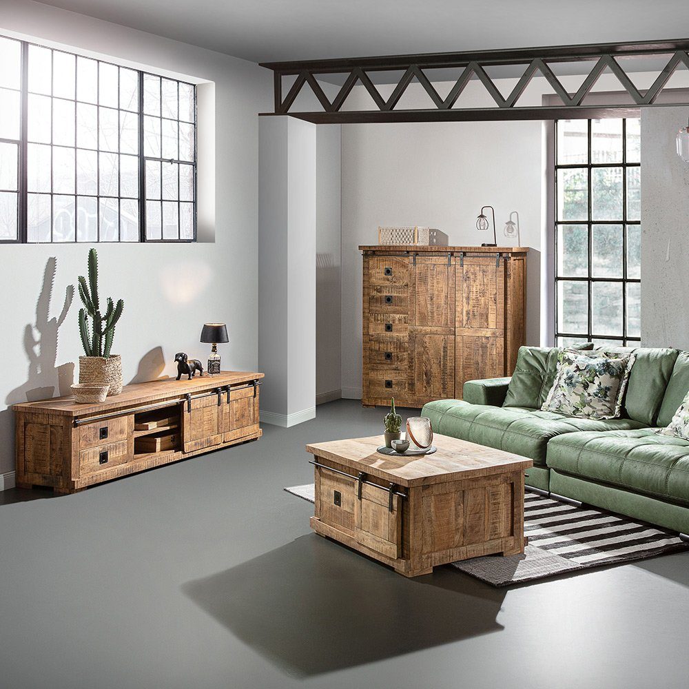 Lomadox Wohnwand KARLSTAD-123, (3-St., 3-tlg), Wohnzimmermöbel Set mit Schiebetüren in Mangoholz natur Massivholz | Wohnwände