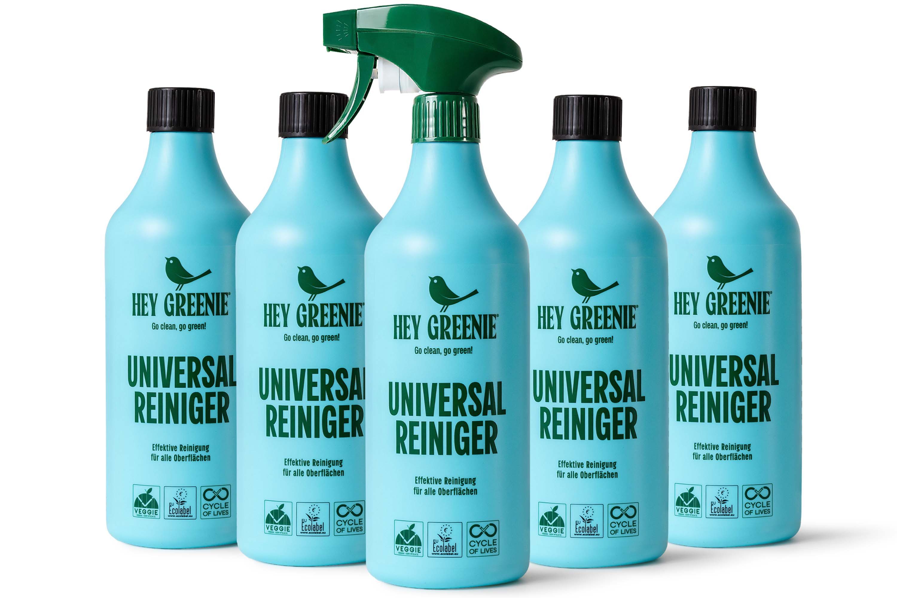 KONSIMO® HEY GREENIE Bio-Universalreiniger-Set, Made in Germany, Allzweckreiniger (ökologische, vegane Formel, inspiriert vom Duft luxuriöser Parfums, ECO, kompromissloses BIO-Produkt, [5-St. 5x Universalreiniger 800 ml Universelle Anwendung)