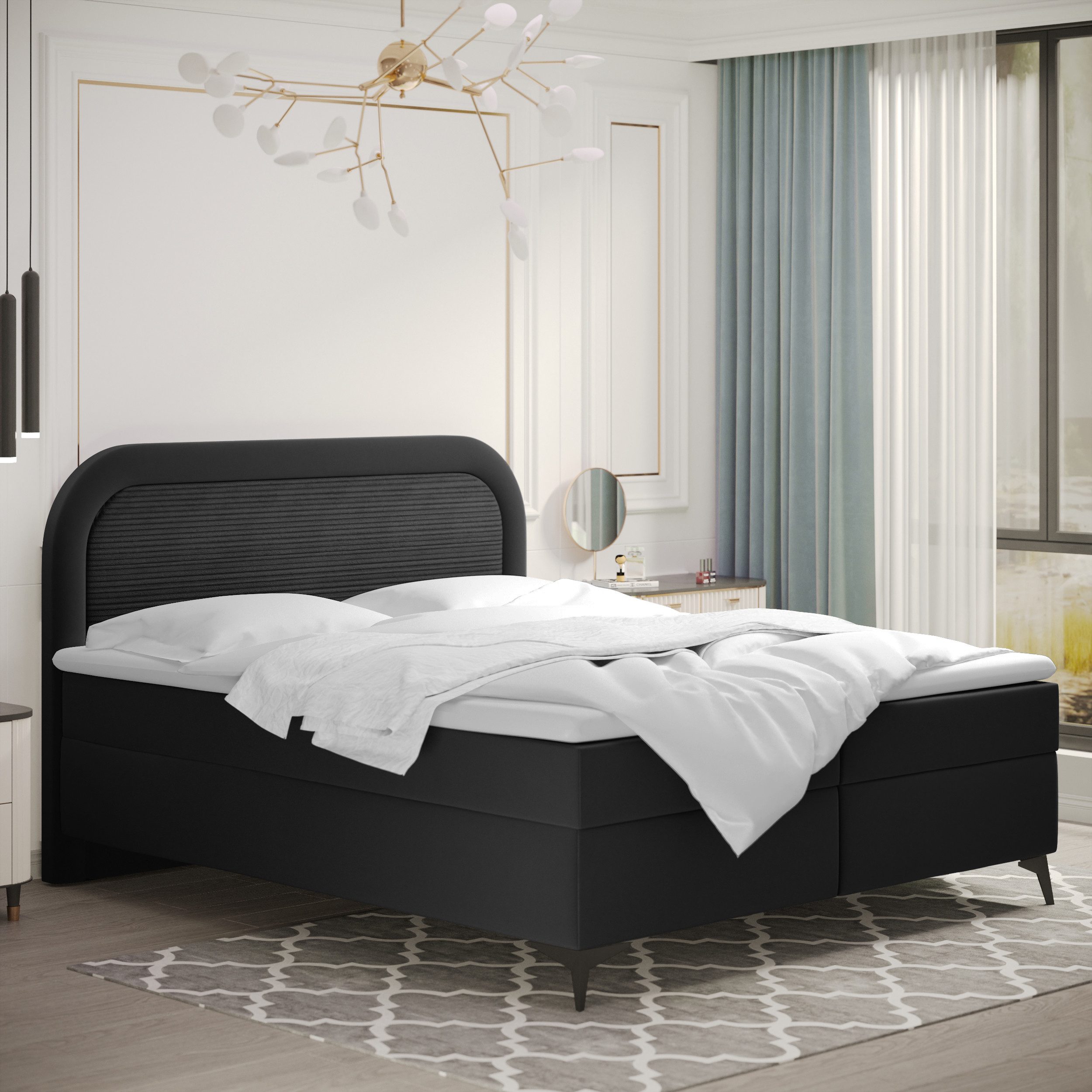 Kaiser Möbel Boxspringbett Valentino mit Bettkasten, Topper und Bonellmatratze – edles Design (Bettgestell mit Matratze und Topper, Set aus Bettgestell, Matratze und Topper), Visko-Topper,Stauraum unter Lattenrost,Silberner Bezug,Hoher Komfort