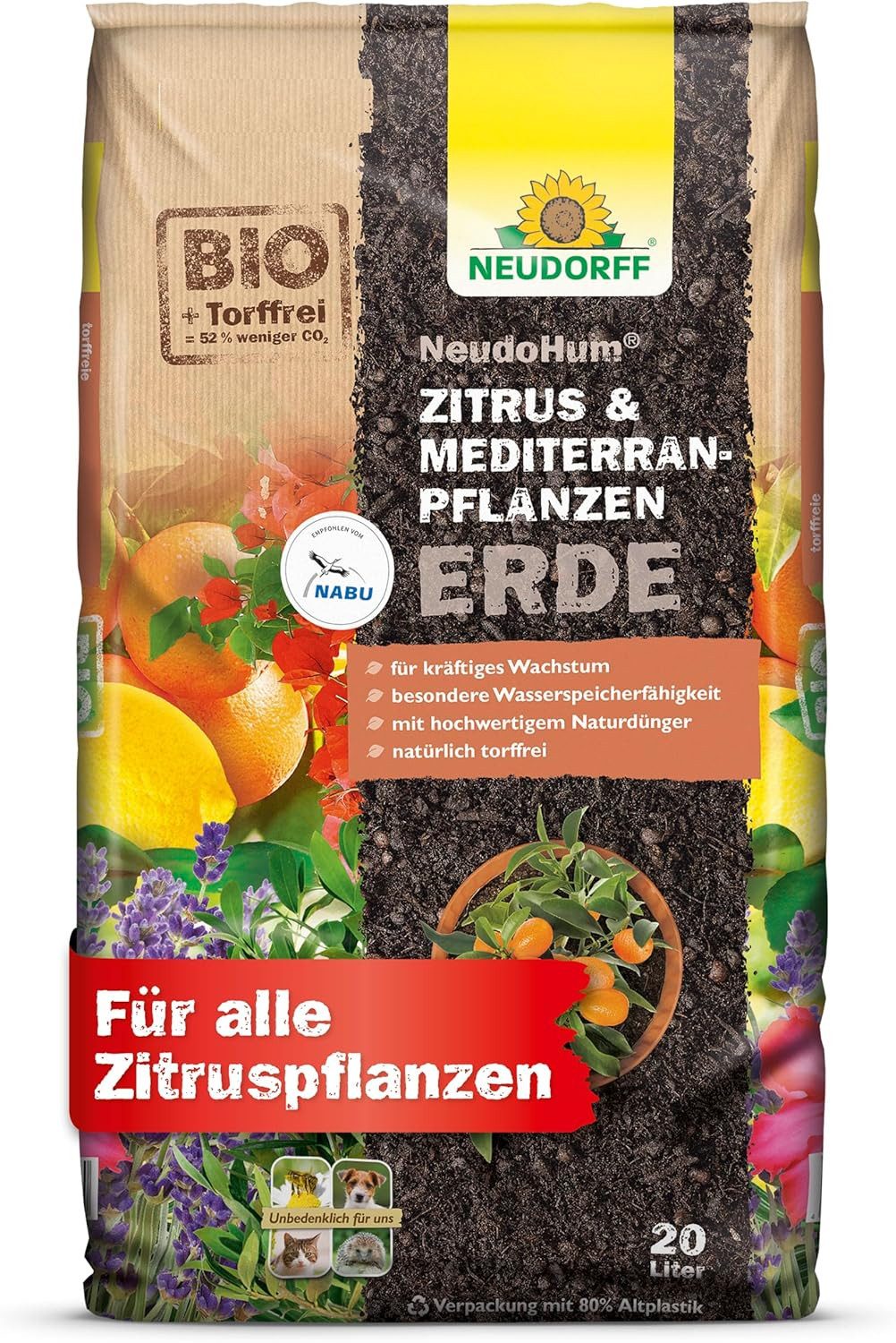 Neudorff Blumenerde Neudohum Mediterranpflanzen- und PalmenErde 20 L, mit Organische Grunddüngung, (Einzelartikel, Nimmt Wasser auch nach Trockenphasen schnell wieder auf), Biologisch, torffrei, hohe Standfestigkeit & Wasserspeicherung