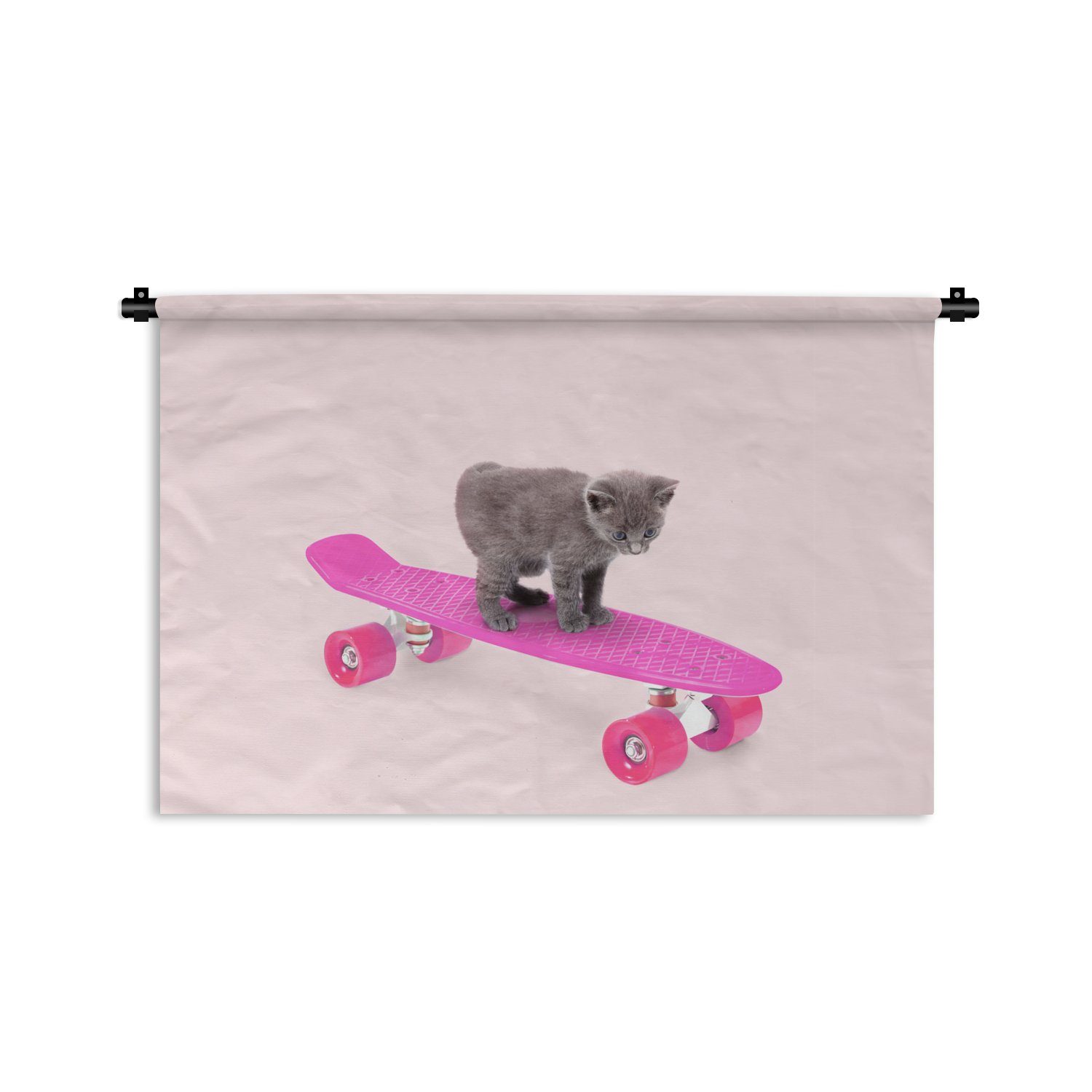 MuchoWow Wanddekoobjekt Katze - Kätzchen - Tiere - Skateboard - Rosa, Wanddeko für Wohnzimmer, Schlafzimmer, Kleid, Wandbehang, Kinderzimmer