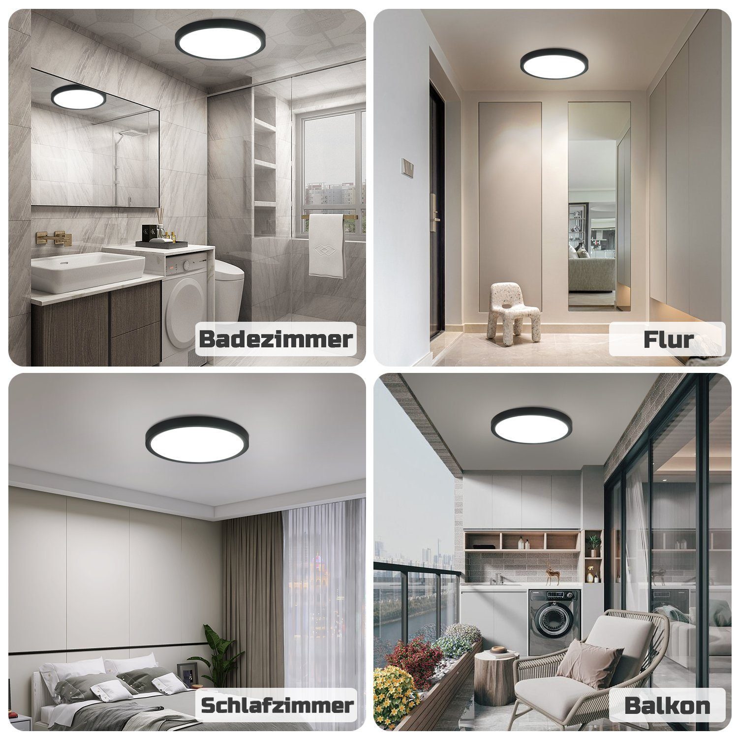 Selbstmontage Deckenleuchte IP44 ZMH 15W integriert, LED 4000k, Dimmbar, LED Wasserdicht Nicht Design, Schlafzimmer, Schwarz fest Hochwertige einfache ∅22cm