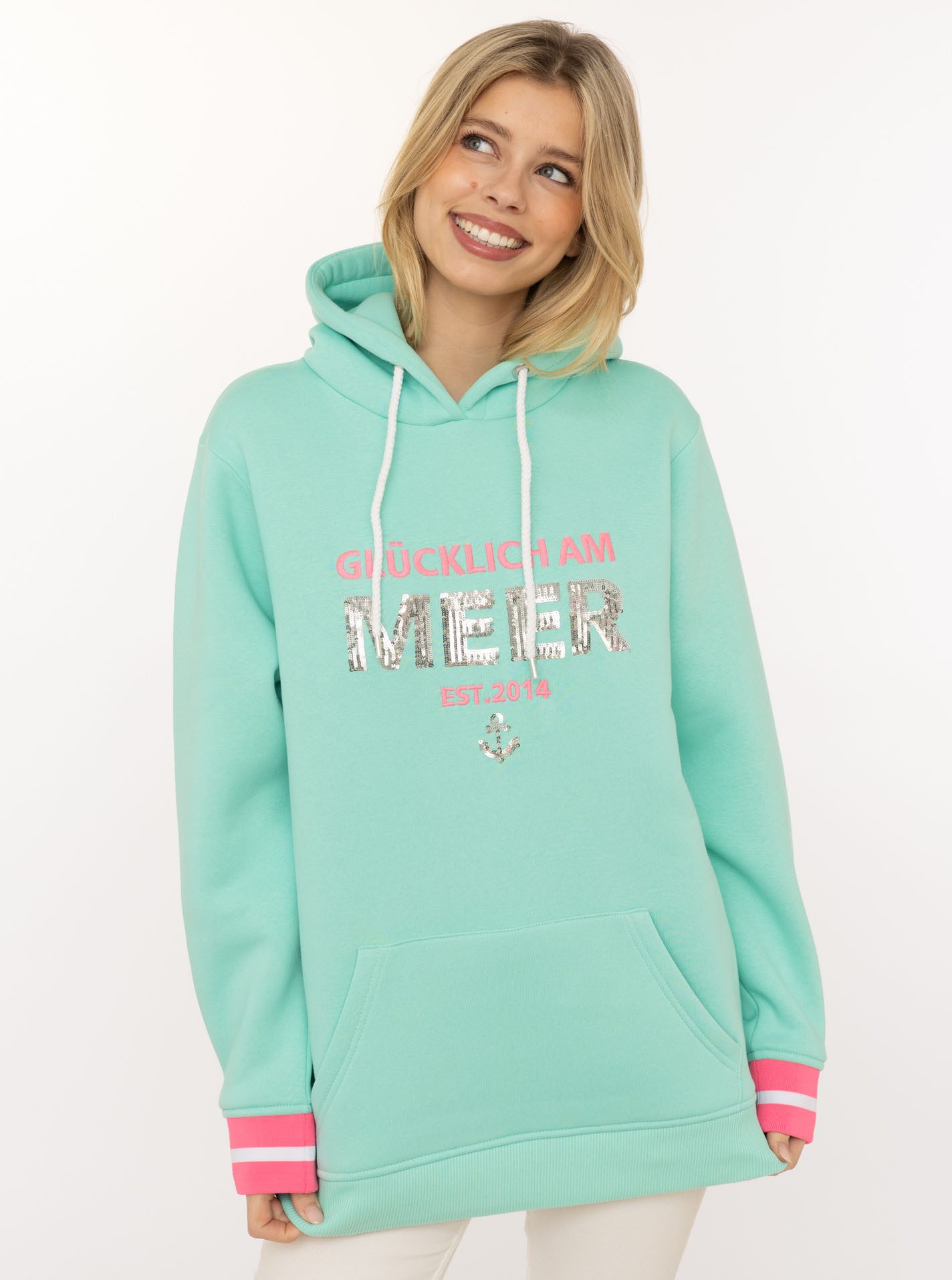 Zwillingsherz Hoodie "Glücklich am Meer" mit Pailletten, Kapuze und kontrastfarbigen Bündchen