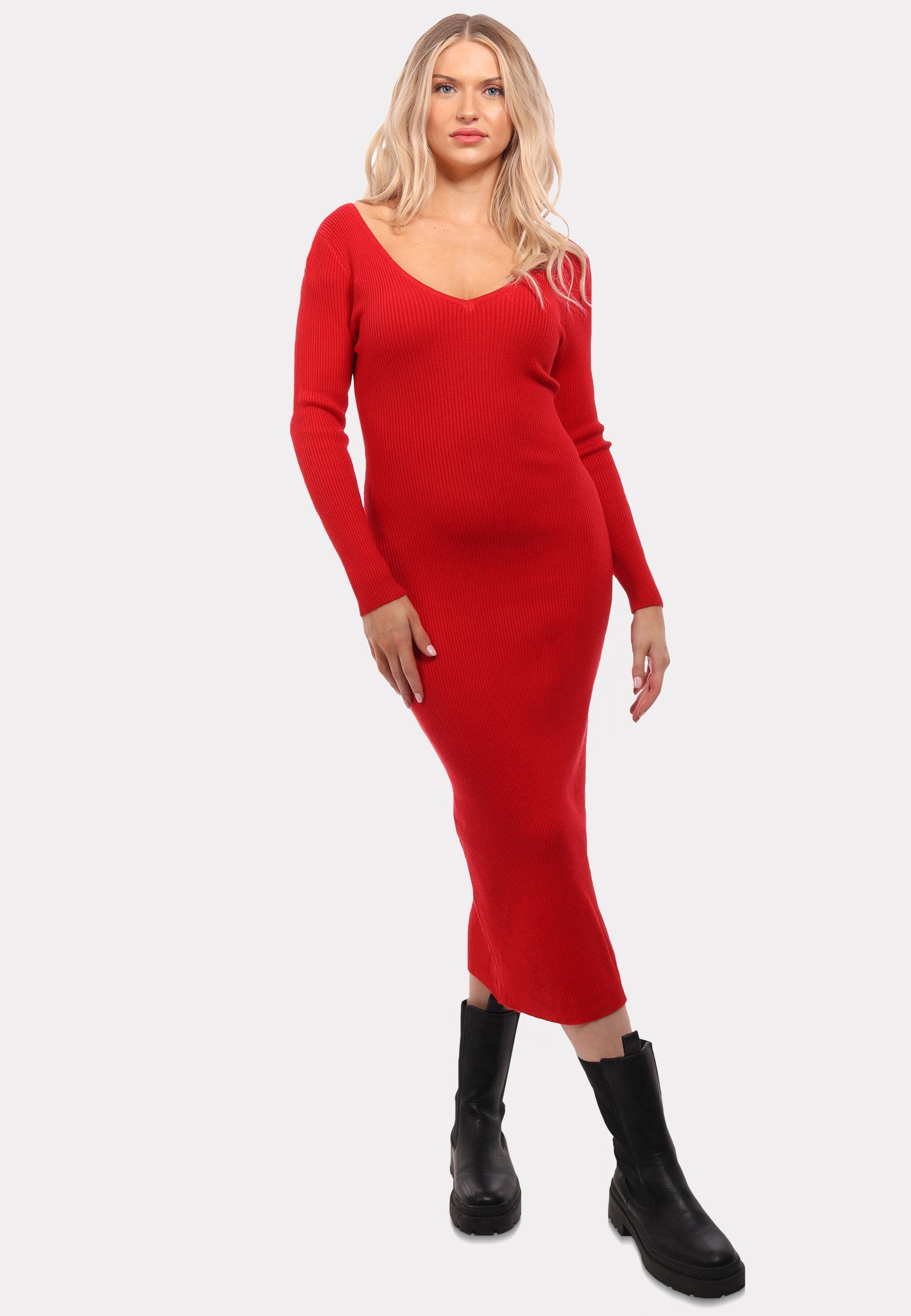YC Fashion & Style Strickkleid Unifarbe Strickkleid (1-tlg) KNIT rot DRESS in mit V-Ausschnitt