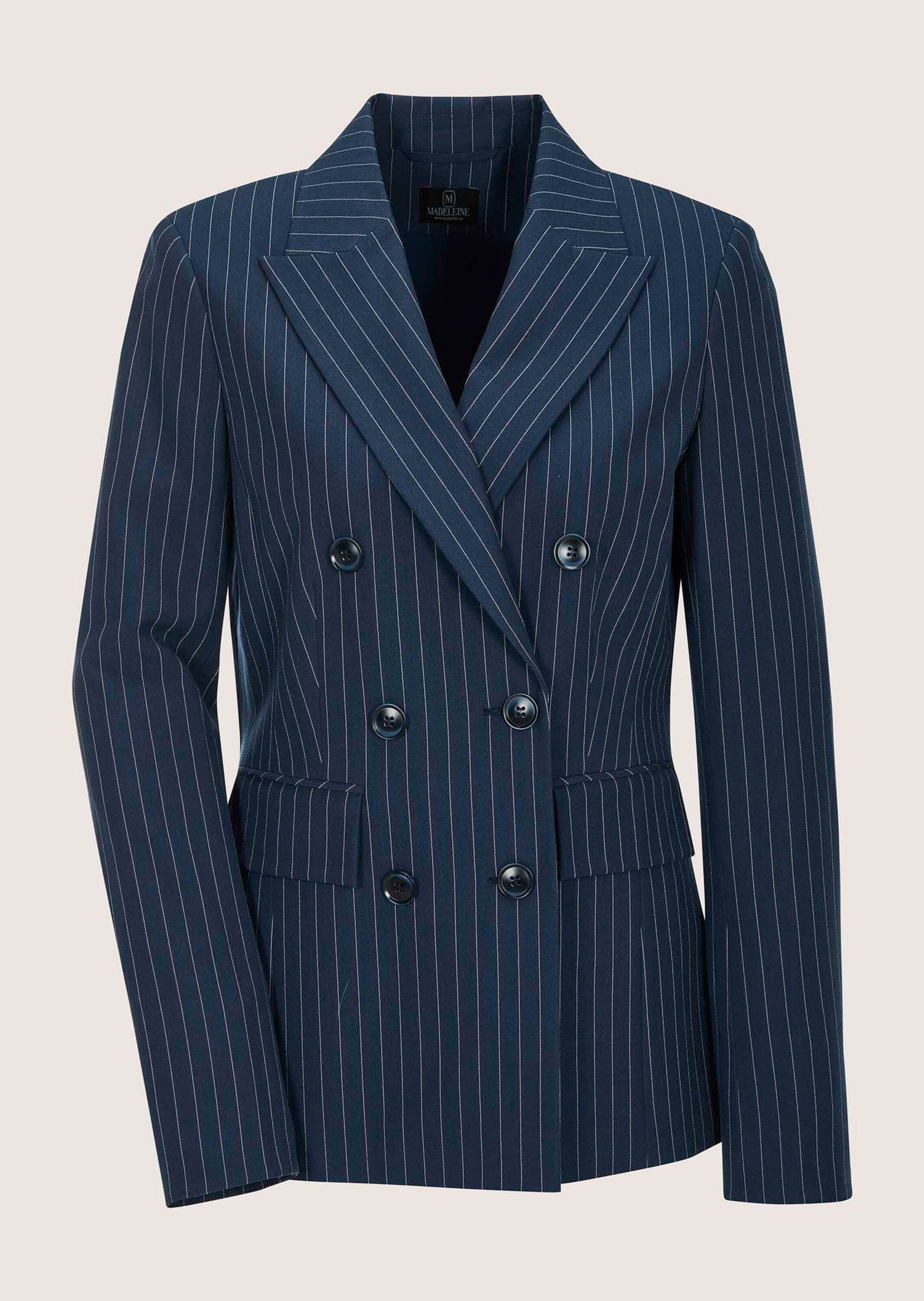 MADELEINE Kurzblazer Longblazer mit Nadelstreifen Jerseyblazer mit Revers, Knopfverschluss, Pattentaschen und Langarm – Bild 5 von 5